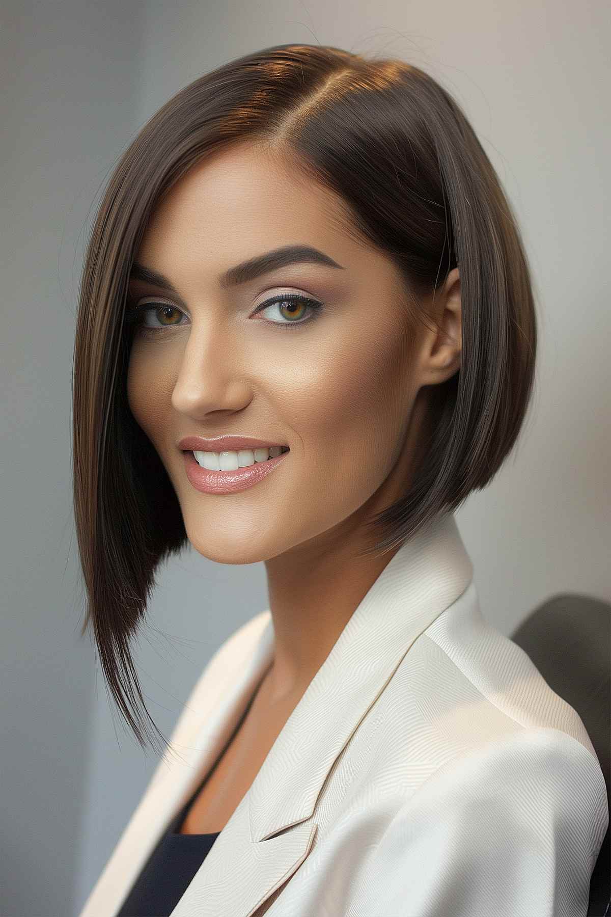 Asymmetrical bob with one side longer, in a rich dark color, perfect for thick, straight hair.