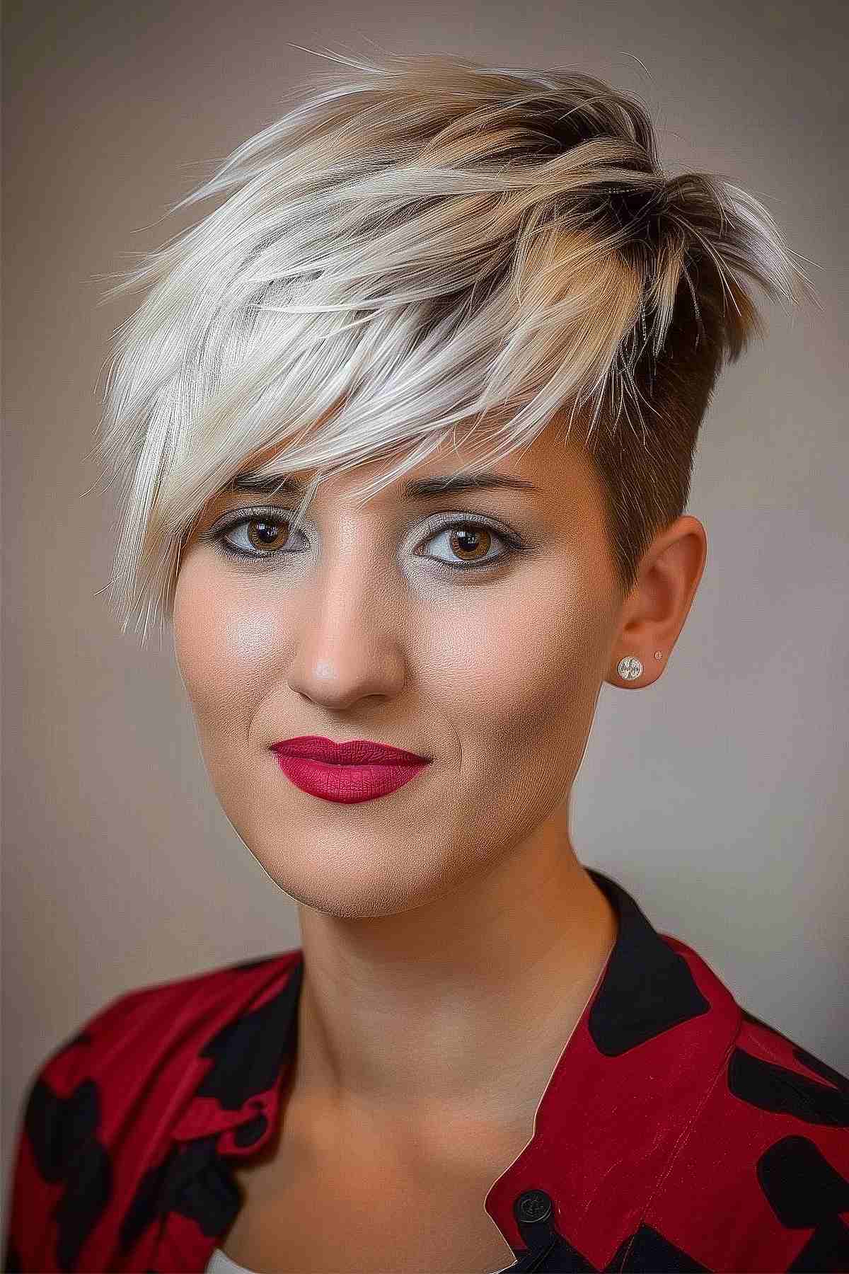 Woman with a bold asymmetrical feathered pixie cut, featuring platinum blonde hair with darker roots, styled in a dynamic sweep over the forehead.