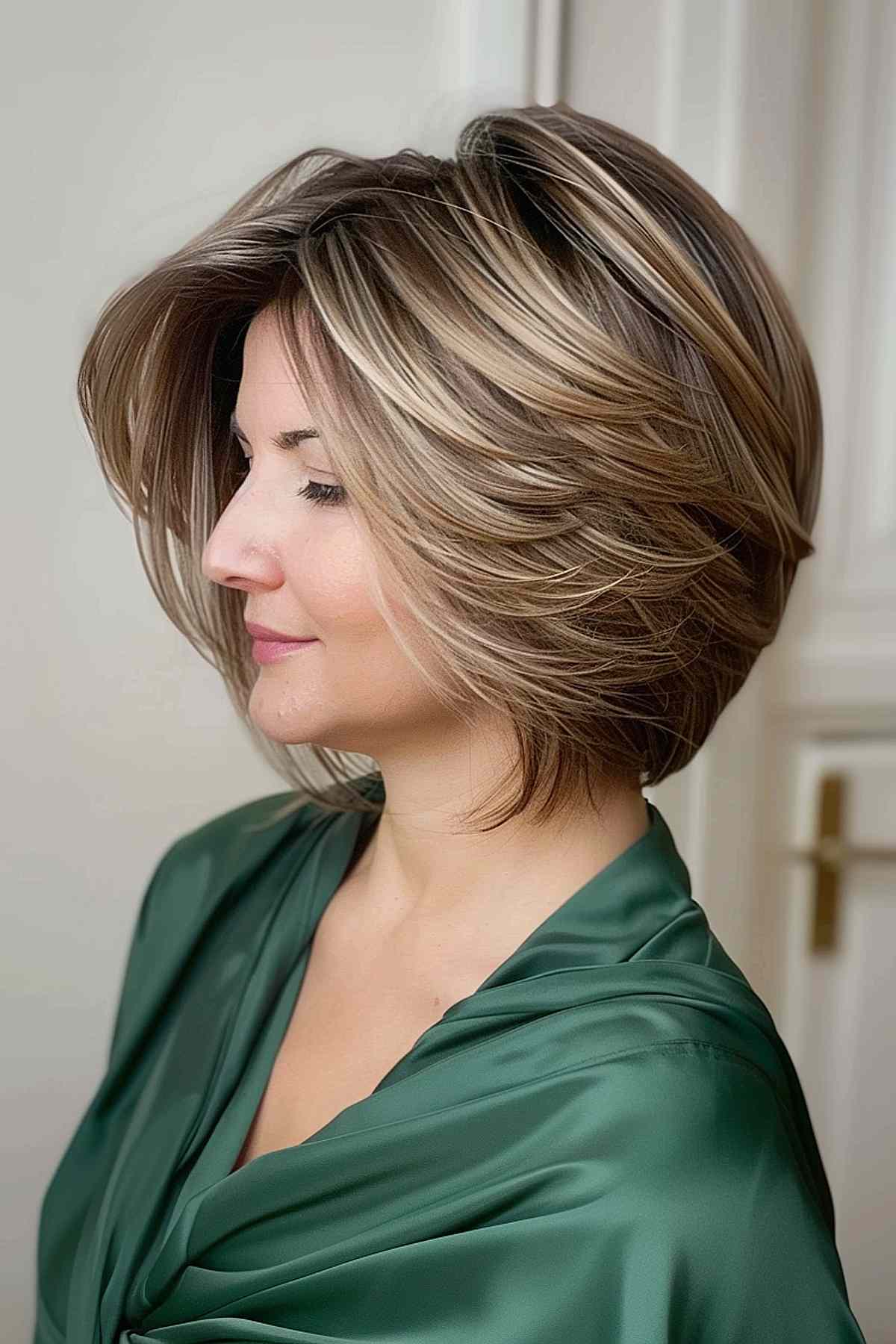 Shoulder-length bob with feathered ends and warm blonde highlights, ideal for fine to medium hair.