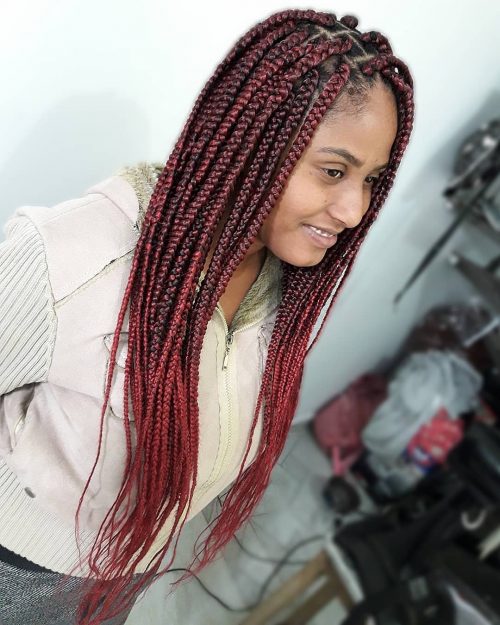 Burgundy box braids are a protective hairstyle dyed inwards a darker shade of ruddy in addition to divided i The xiii Hottest Burgundy Box Braids