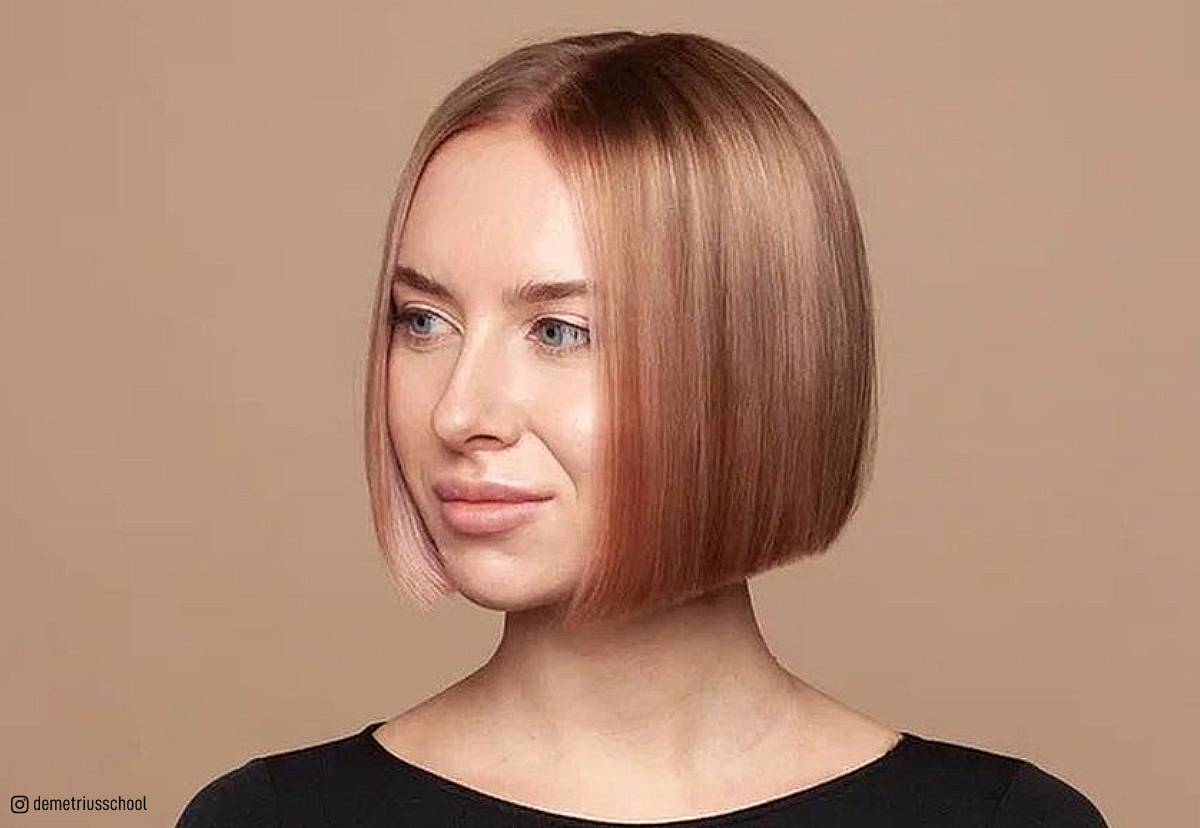 Image of Chin length blunt haircut with a blunt angled bob