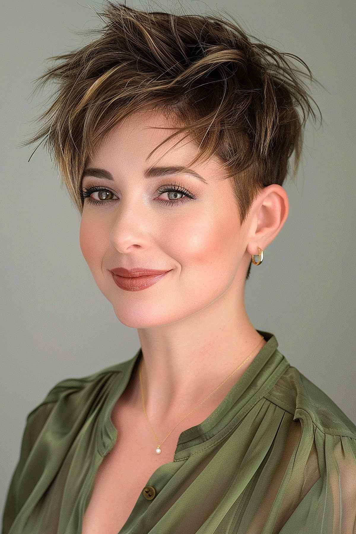 Woman in a green blouse sporting a choppy feathered pixie cut, showcasing dynamic texture and movement with highlighted brunette hair.