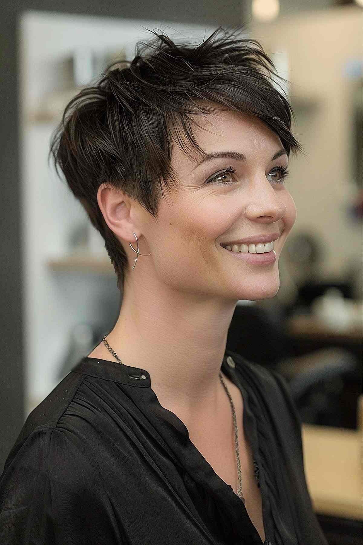 Woman with a textured feathered pixie cut, showing volume at the crown and tapered at the neck, ideal for active lifestyles.