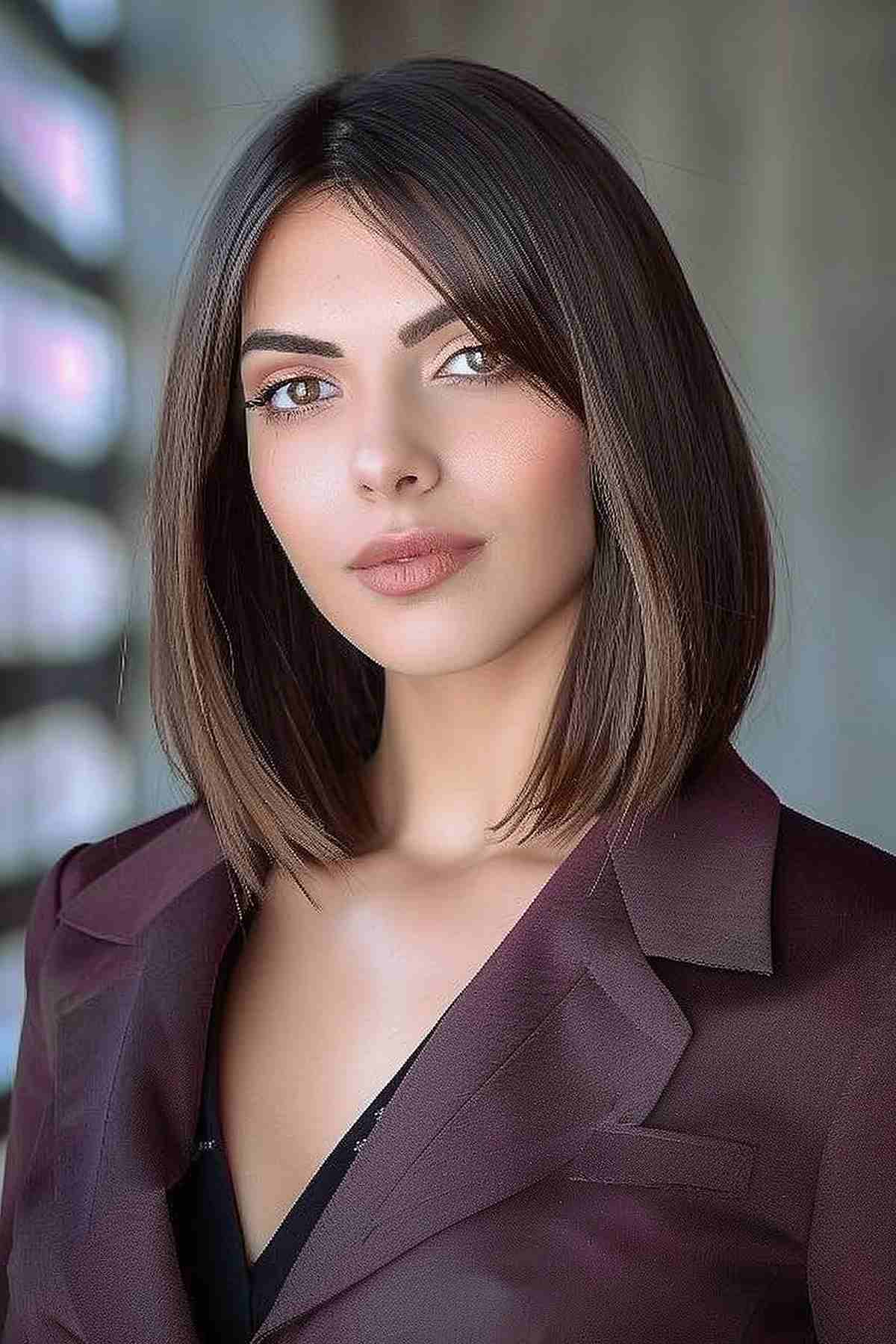 Sleek contemporary lob haircut with deep brown color, ideal for straight, fine to medium hair.