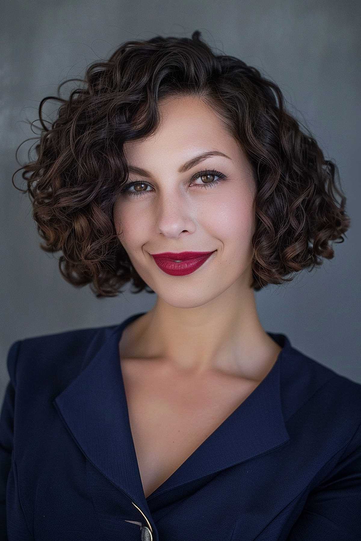 Chin-length curly bob with soft layers and dark brown color, ideal for medium to thick curly hair.