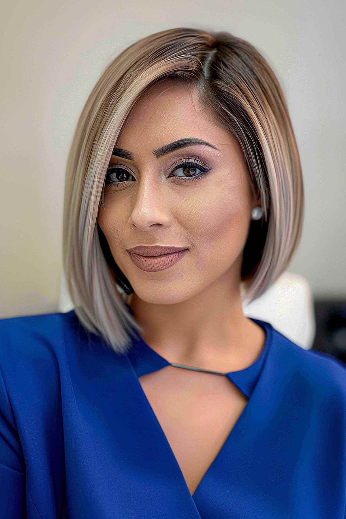 Asymmetrical bob with deep side part and ash blonde color with darker roots, ideal for straight, fine to medium hair.