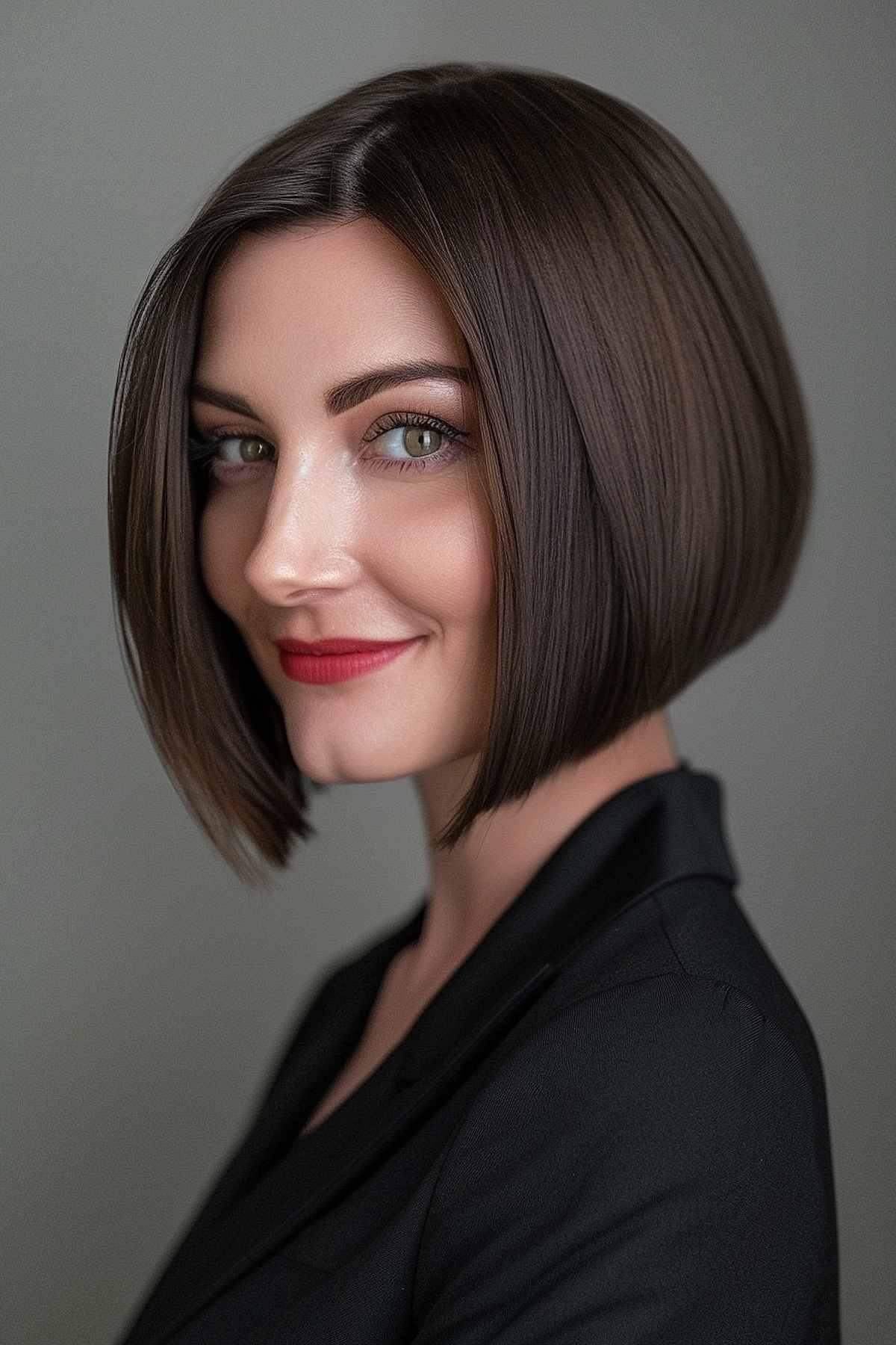 Dynamic angled bob haircut with longer front pieces and shorter back, ideal for straight, medium to thick hair.
