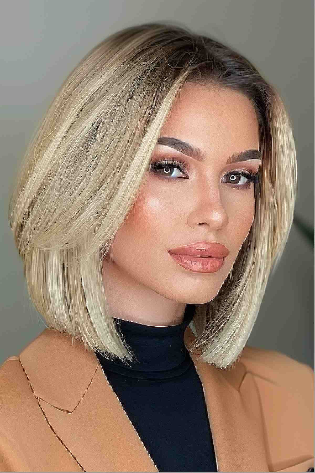 Chin-length bob with discreet layers and honey blonde color with lowlights, ideal for fine to medium hair.