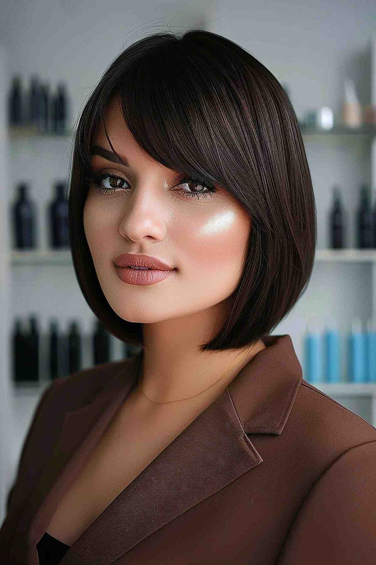 Chin-length executive bob with side-swept bangs and dark brown color, ideal for fine to medium hair.
