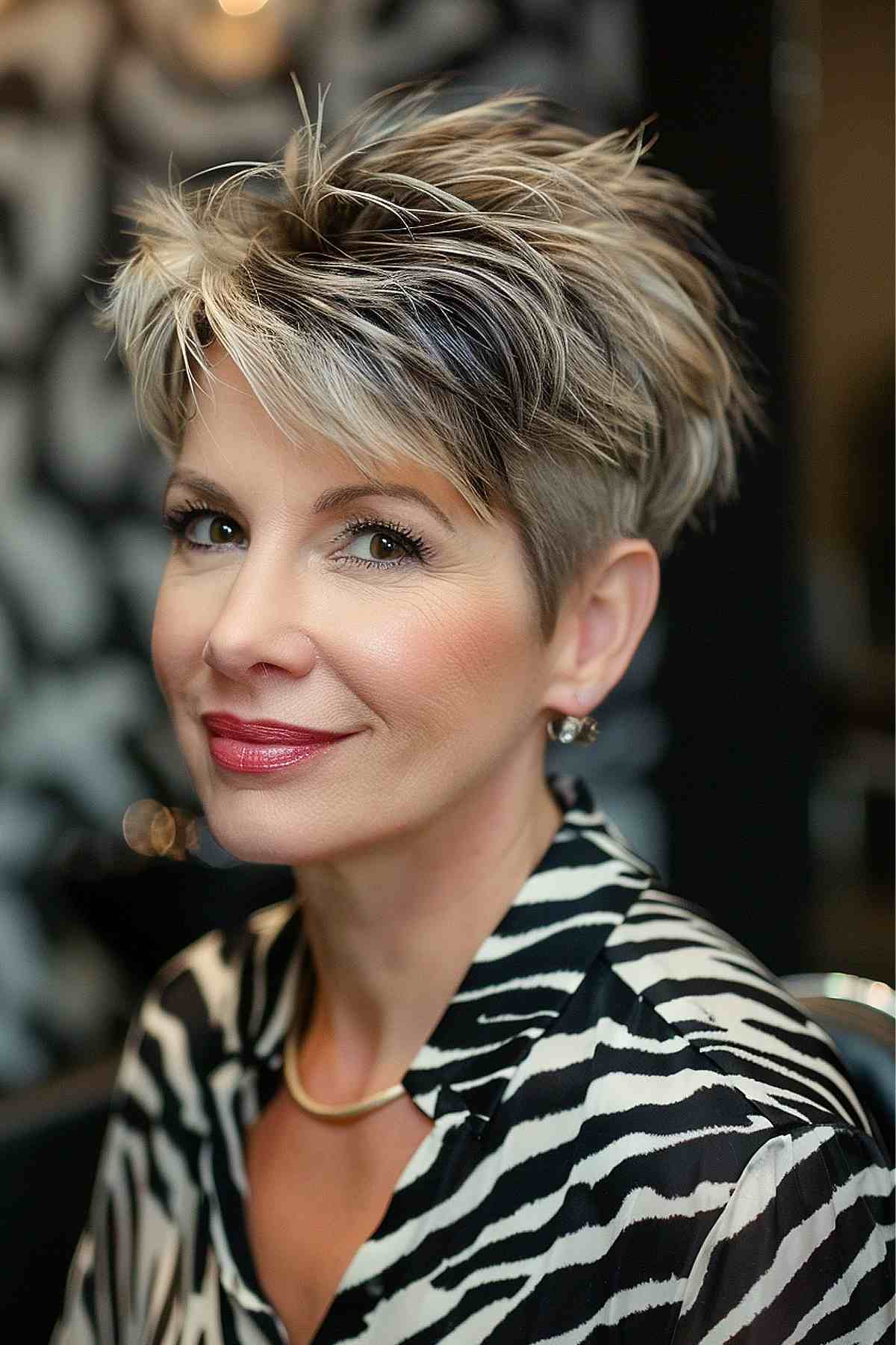 Middle-aged woman with a stylish feathered pixie cut highlighted with natural blonde and silver tones, showcasing volume and texture perfect for a sophisticated yet easy-to-maintain look.