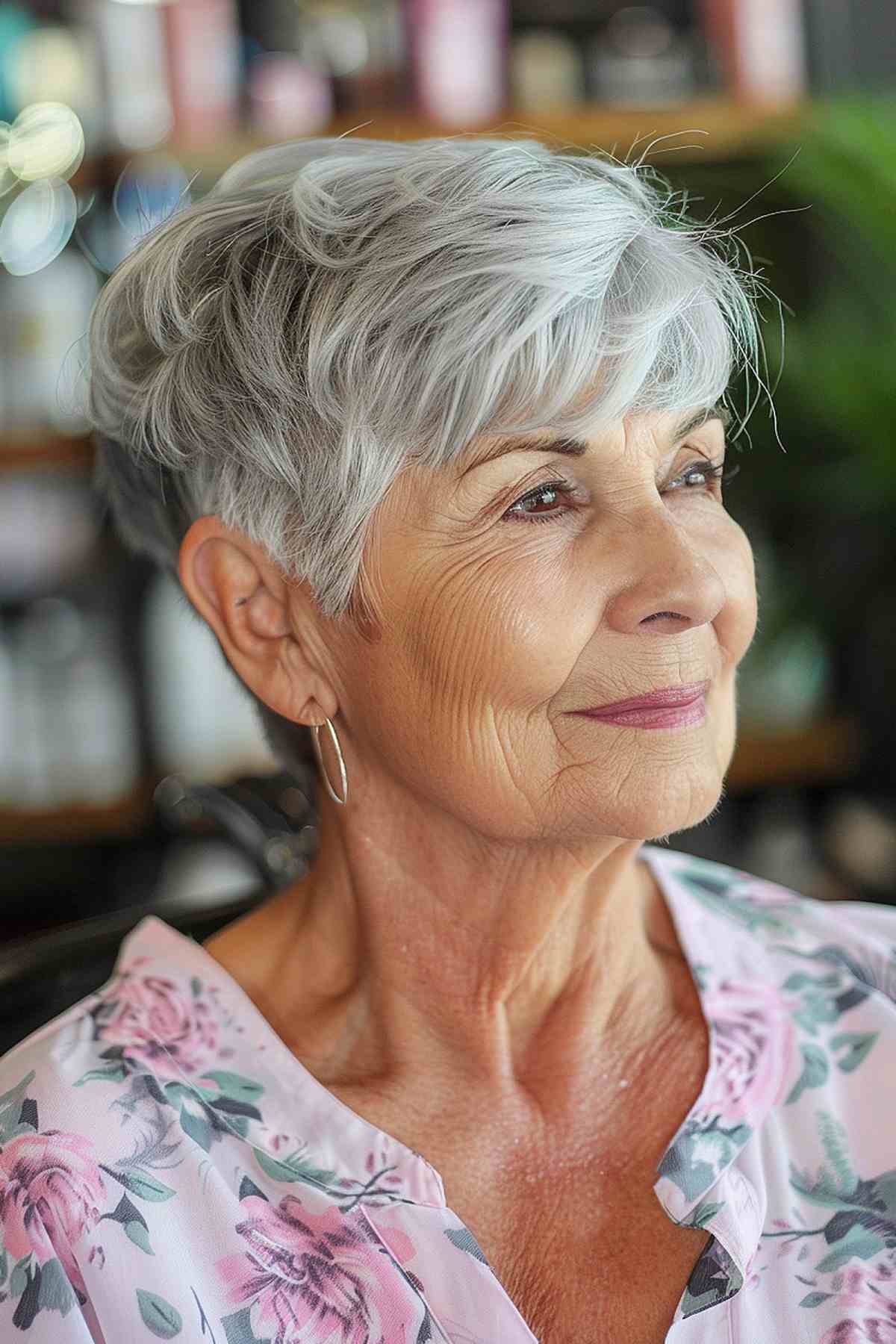 Elderly woman with a chic feathered pixie cut in natural silver, styled with soft layers to add volume and texture, complementing her mature features beautifully.
