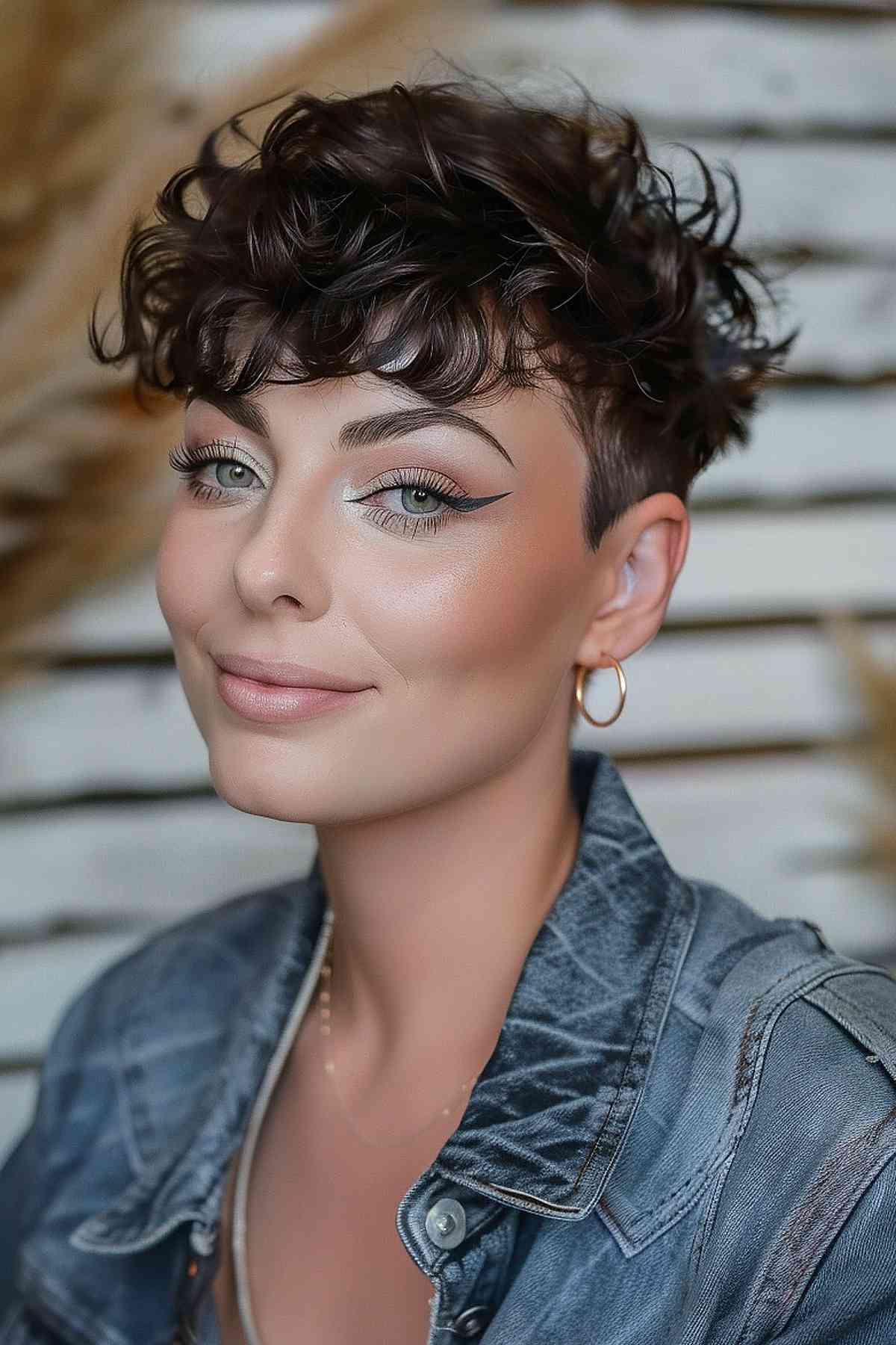 Woman with a feathered pixie cut showcasing natural curls and volume, paired with a denim jacket for a casual, stylish look.