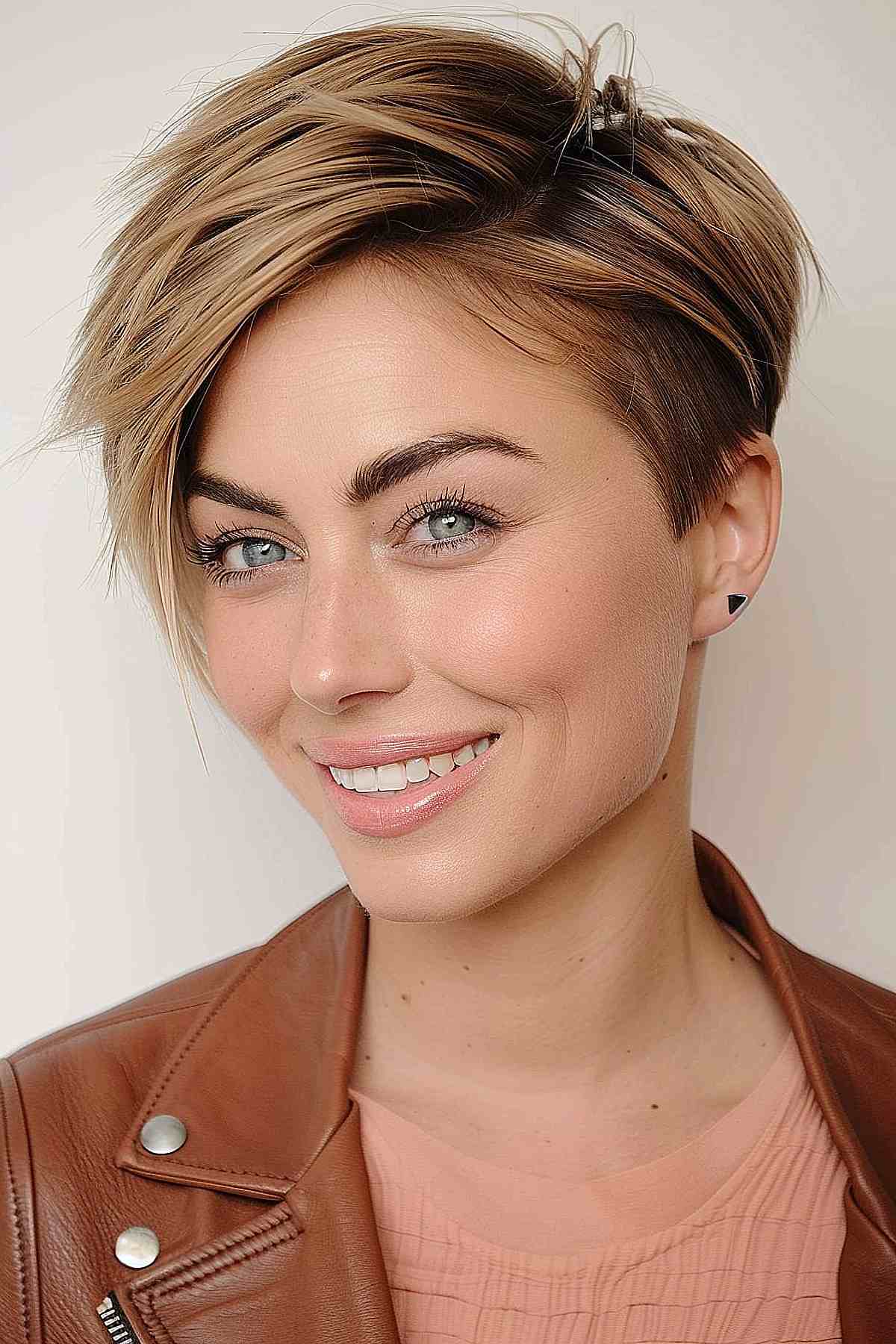 Woman with a stylish feathered pixie cut featuring a side part, highlighted layers, and sweeping bangs, offering a voluminous and textured look.