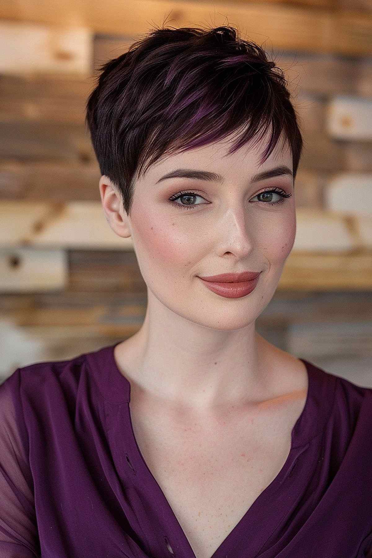 Young woman with a modern feathered pixie cut enhanced with a sleek purple streak, showcasing a chic and easy-to-maintain hairstyle.