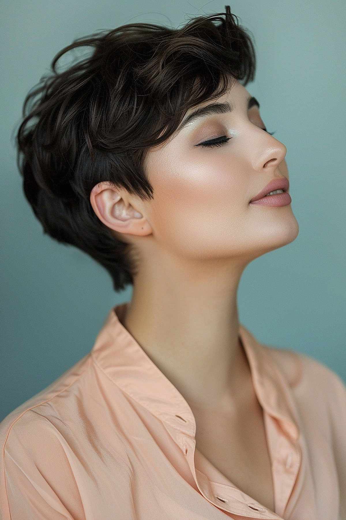 A model showcasing a feathered pixie cut with soft textures, in a natural dark tone highlighted to add depth.