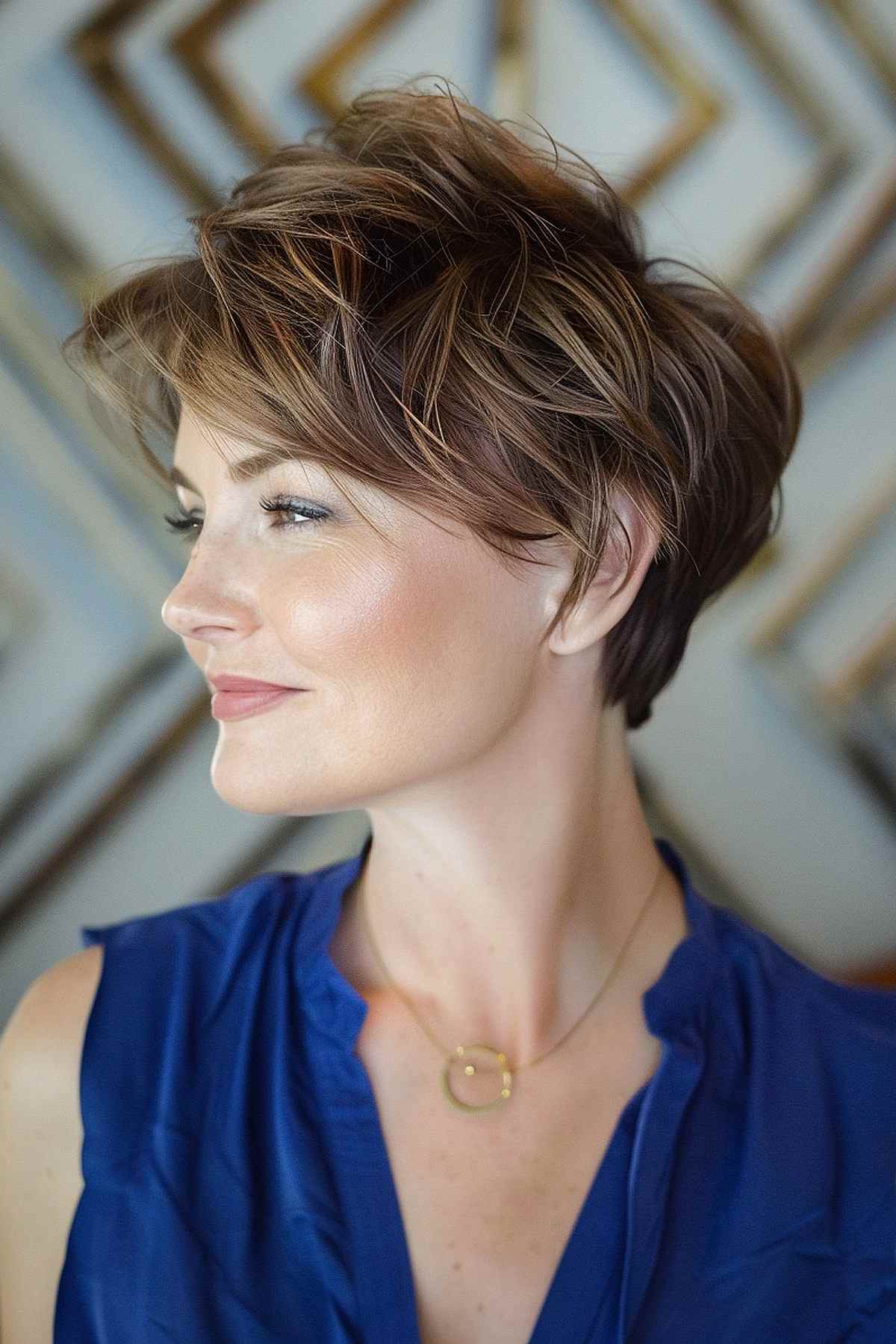 Woman in a blue blouse sporting a feathered pixie cut with subtle caramel highlights, designed to add volume and movement to her fine hair.
