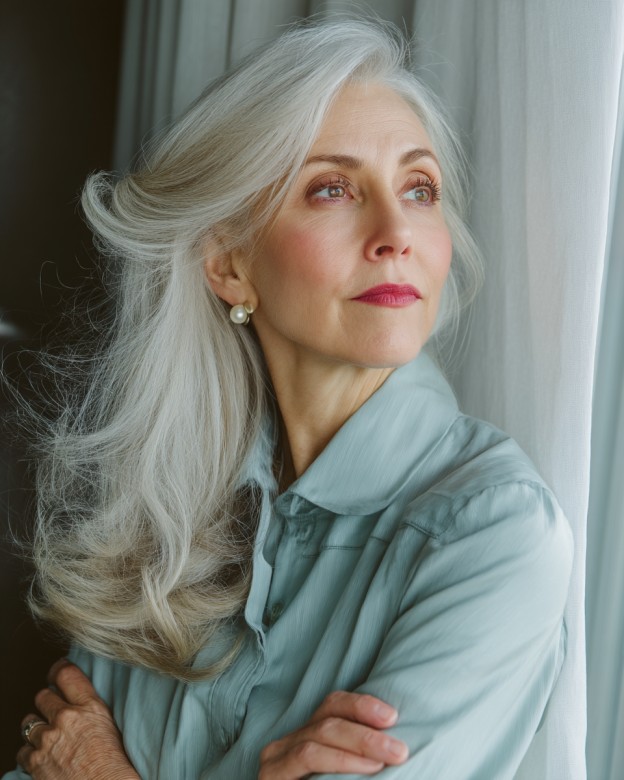 Elegant Long Gray Hair with Soft Waves