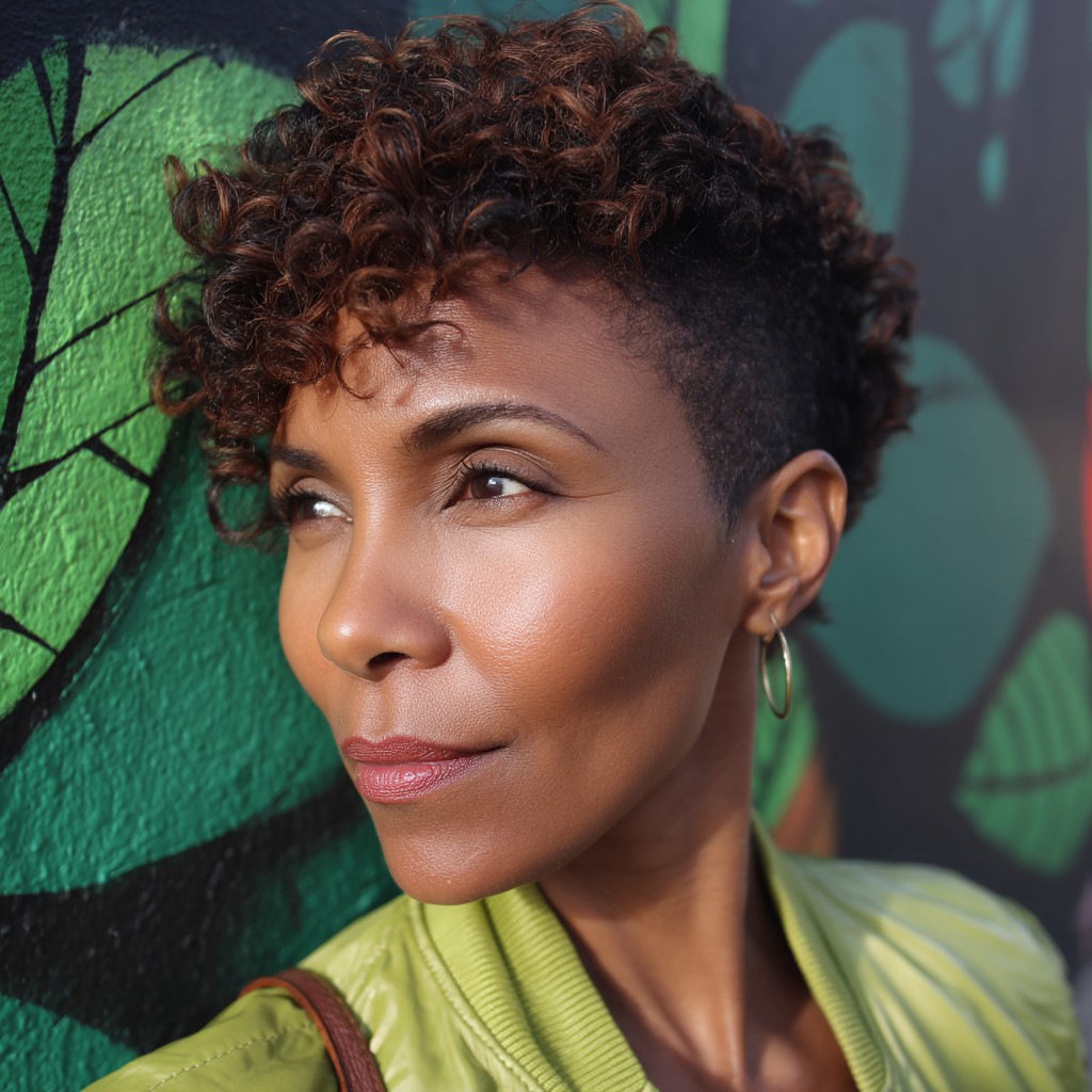 Dynamic Curly Pixie Cut with Shaved Sides