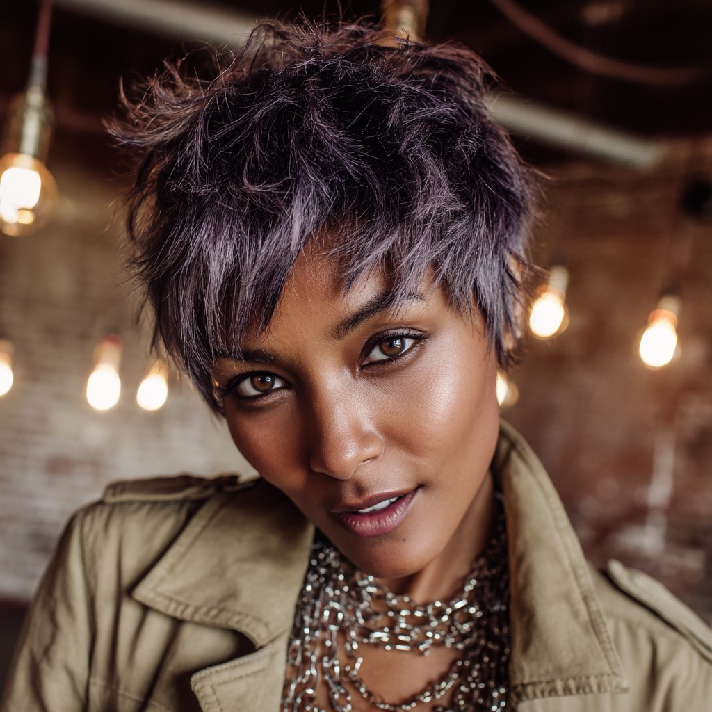 Edgy Textured Pixie Cut with Lavender Highlights