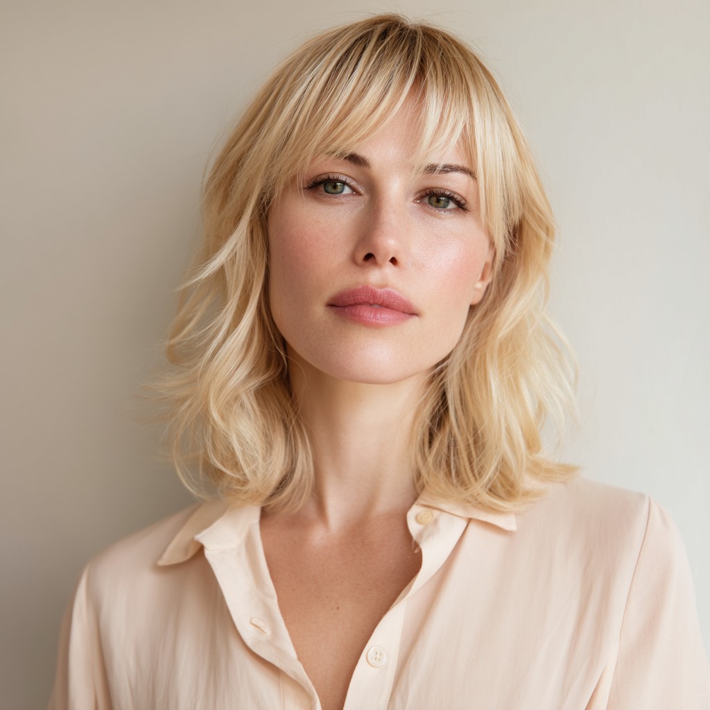Softly Textured Mid-Length Cut with Wispy Bangs