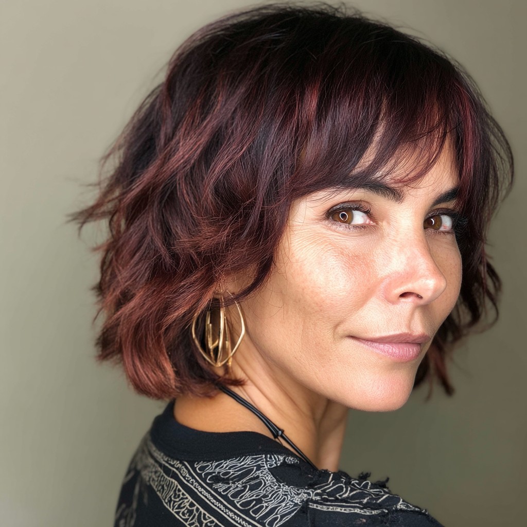 Chic Textured Bob with Warm Burgundy Highlights
