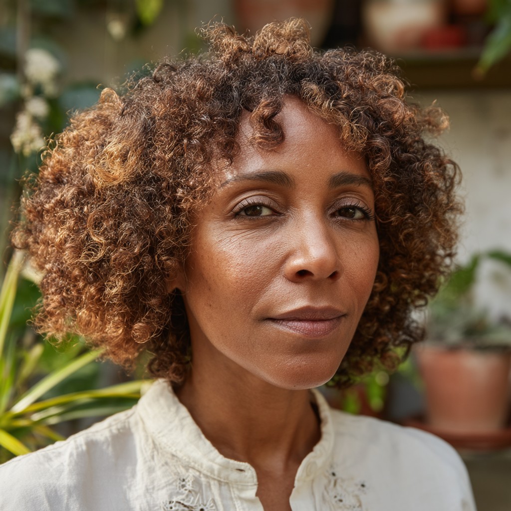 Textured Curly Shoulder-Length Cut with Warm Highlights