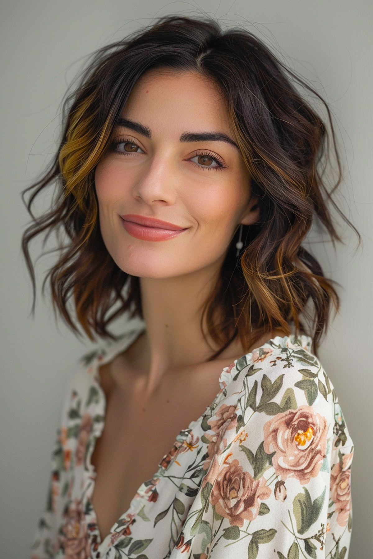 Long bob haircut with waves and balayage for fine hair