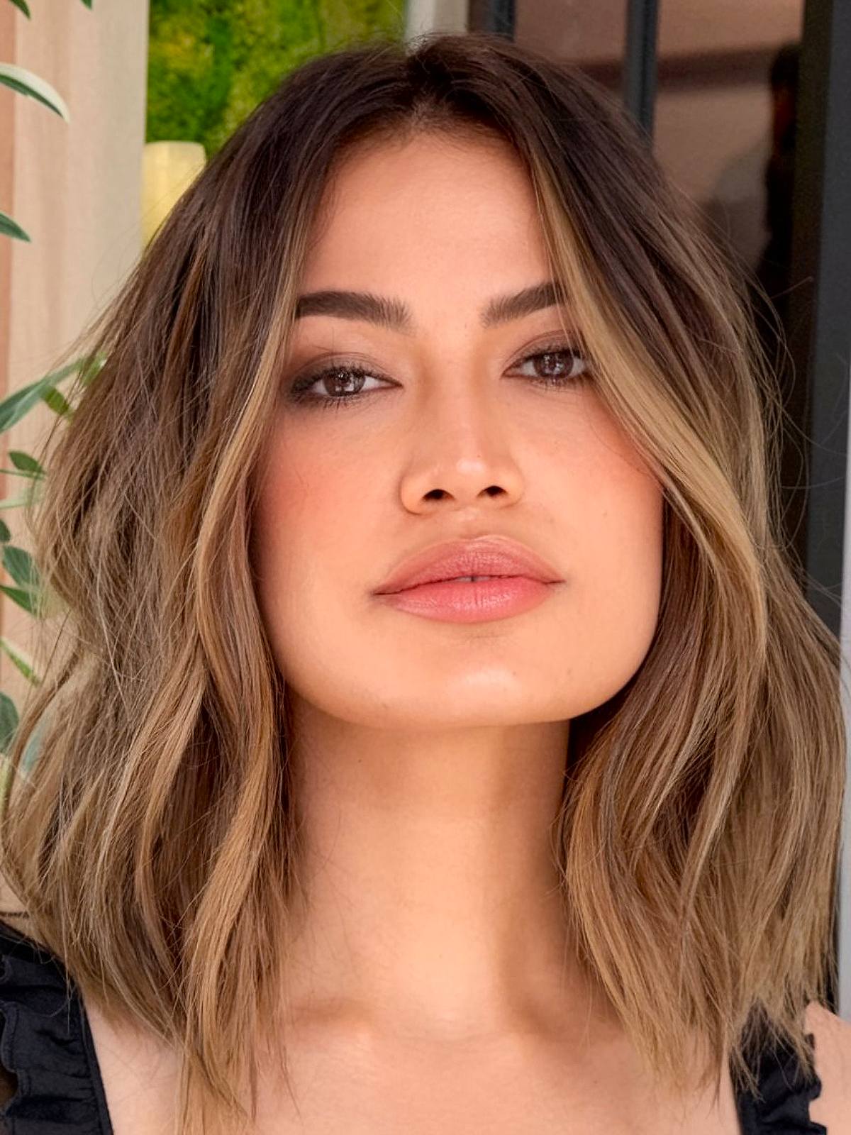 Long bob haircut with waves and balayage for square faces