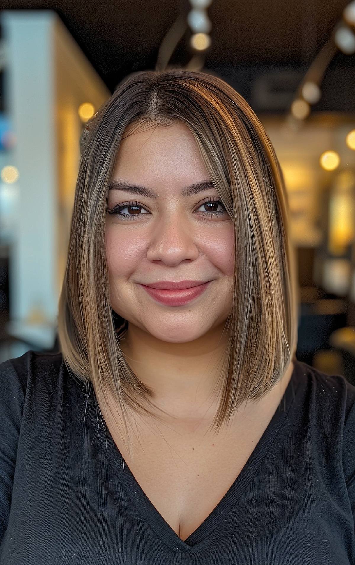 Long bob haircut for women with round faces and subtle balayage