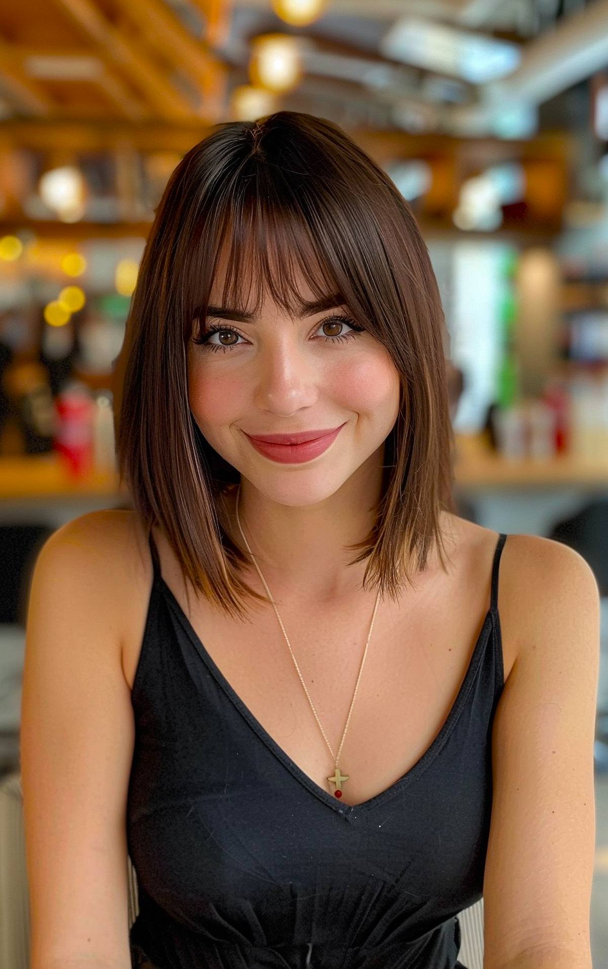 Long bob haircut with bangs and soft layers