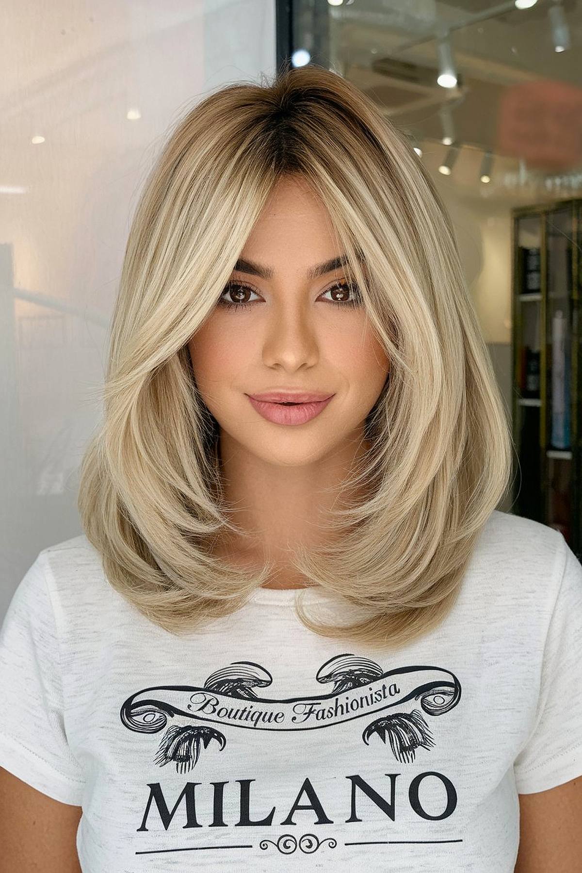 Long bob style haircut with curtain bangs and balayage