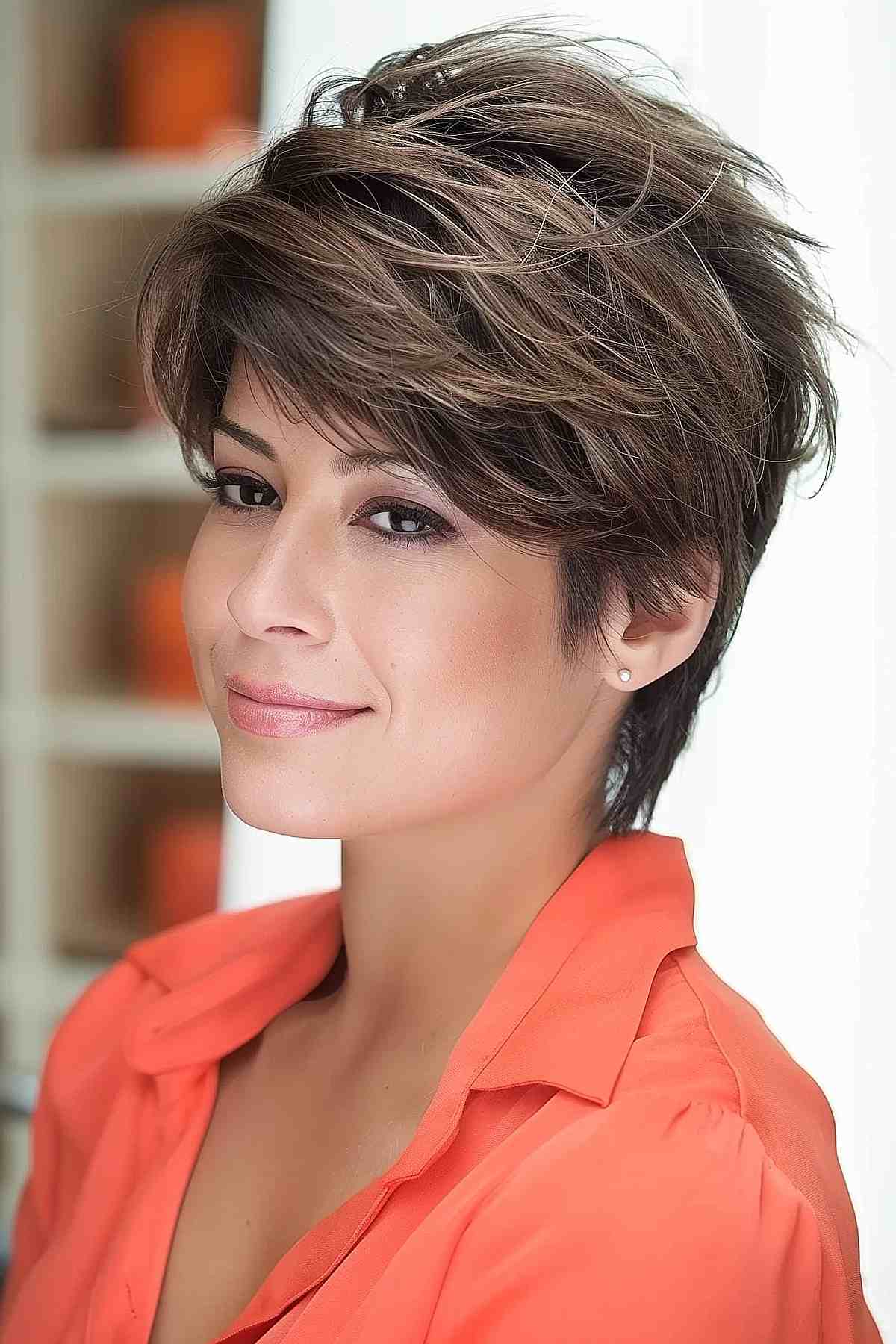 Woman with a long feathered pixie cut featuring tapered layers and a color gradient from dark roots to lighter tips, perfect for adding volume to thin hair.