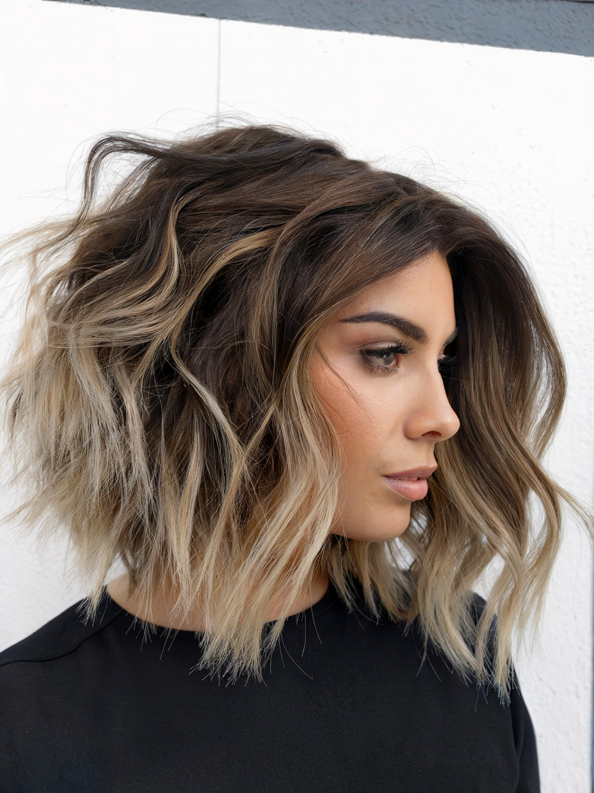 Long wavy bob haircut with layers and blonde balayage