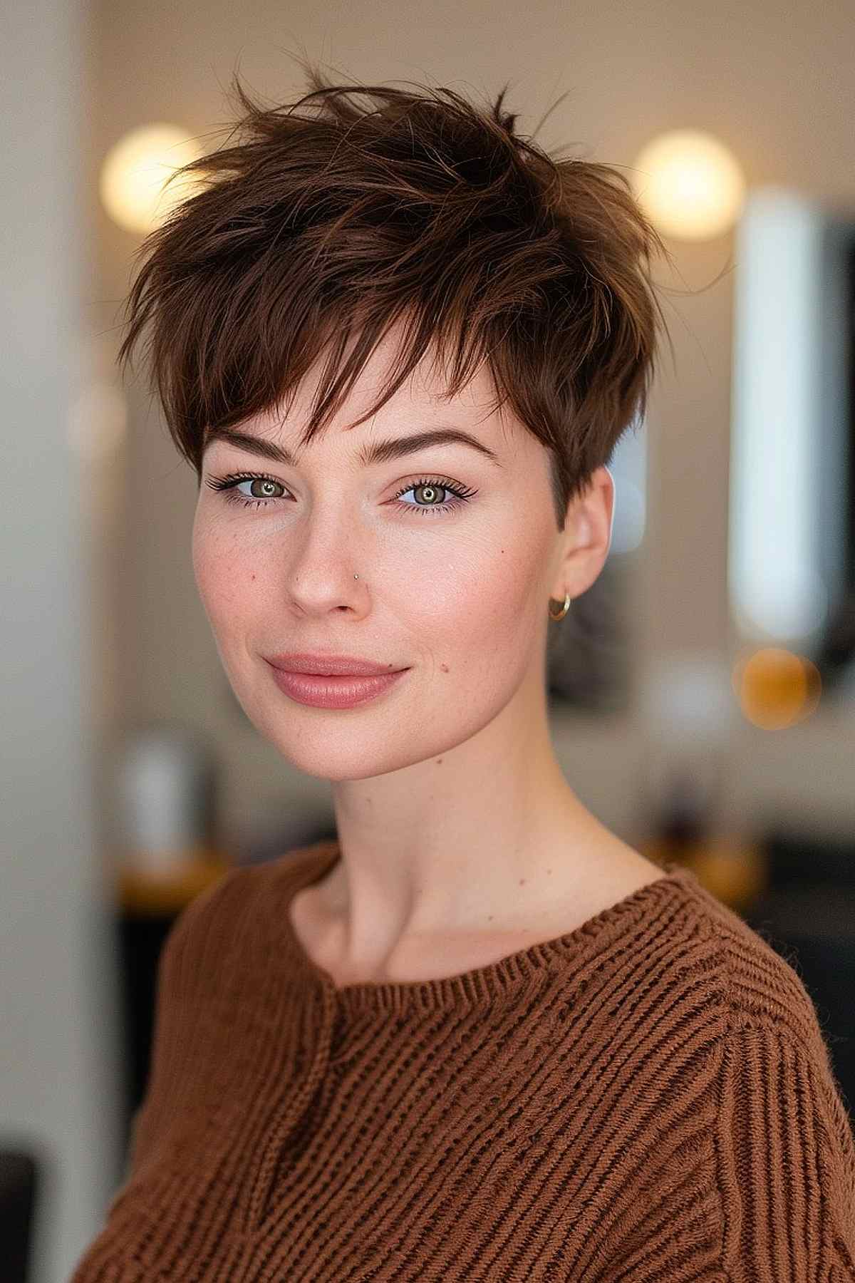 Woman wearing a brown sweater smiles gently, her brunette feathered pixie cut styled with soft layers and textured bangs for a natural, low-maintenance look.