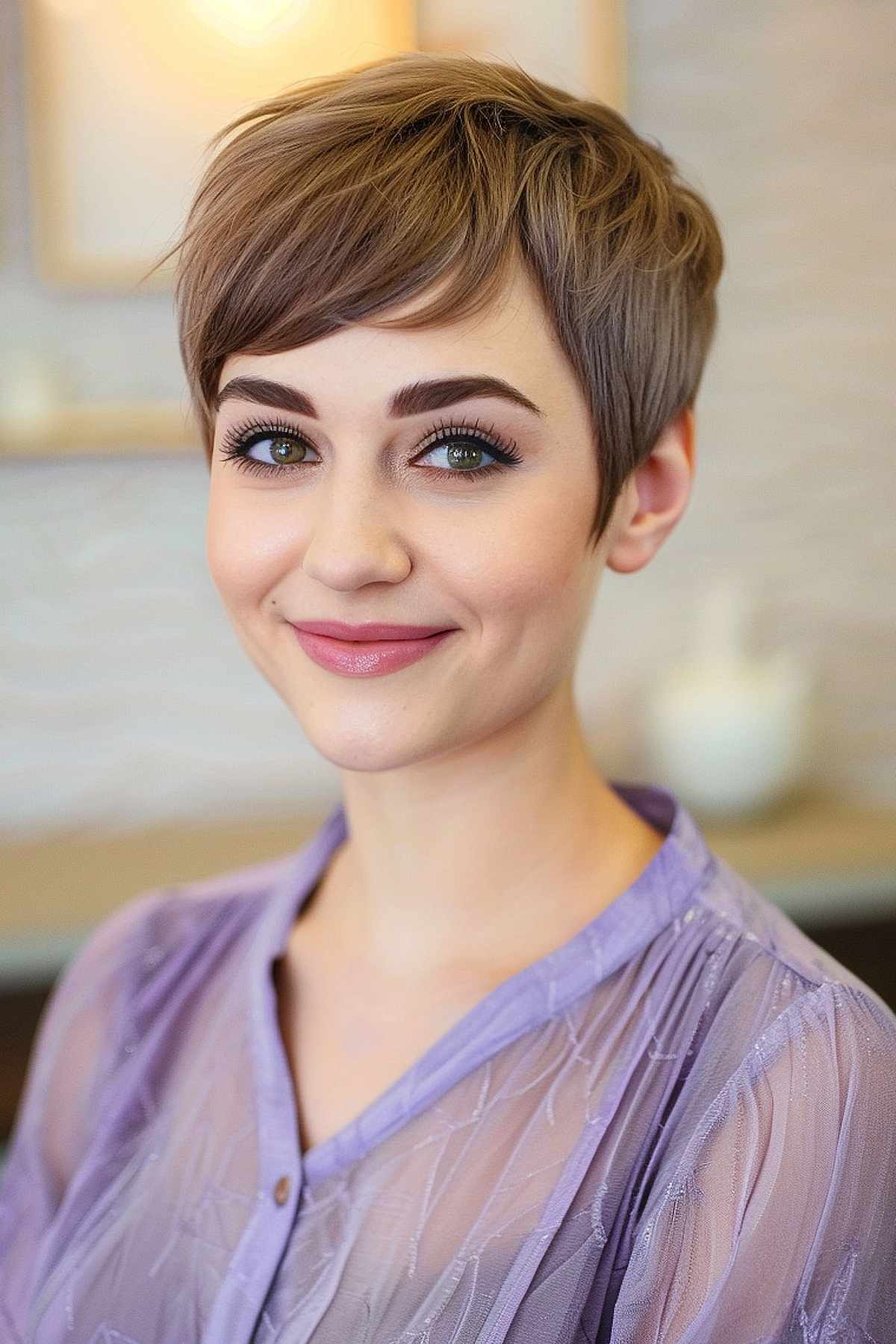 Woman with a neat feathered pixie cut featuring subtle bangs and fine texturing, perfect for creating volume on thinner hair.