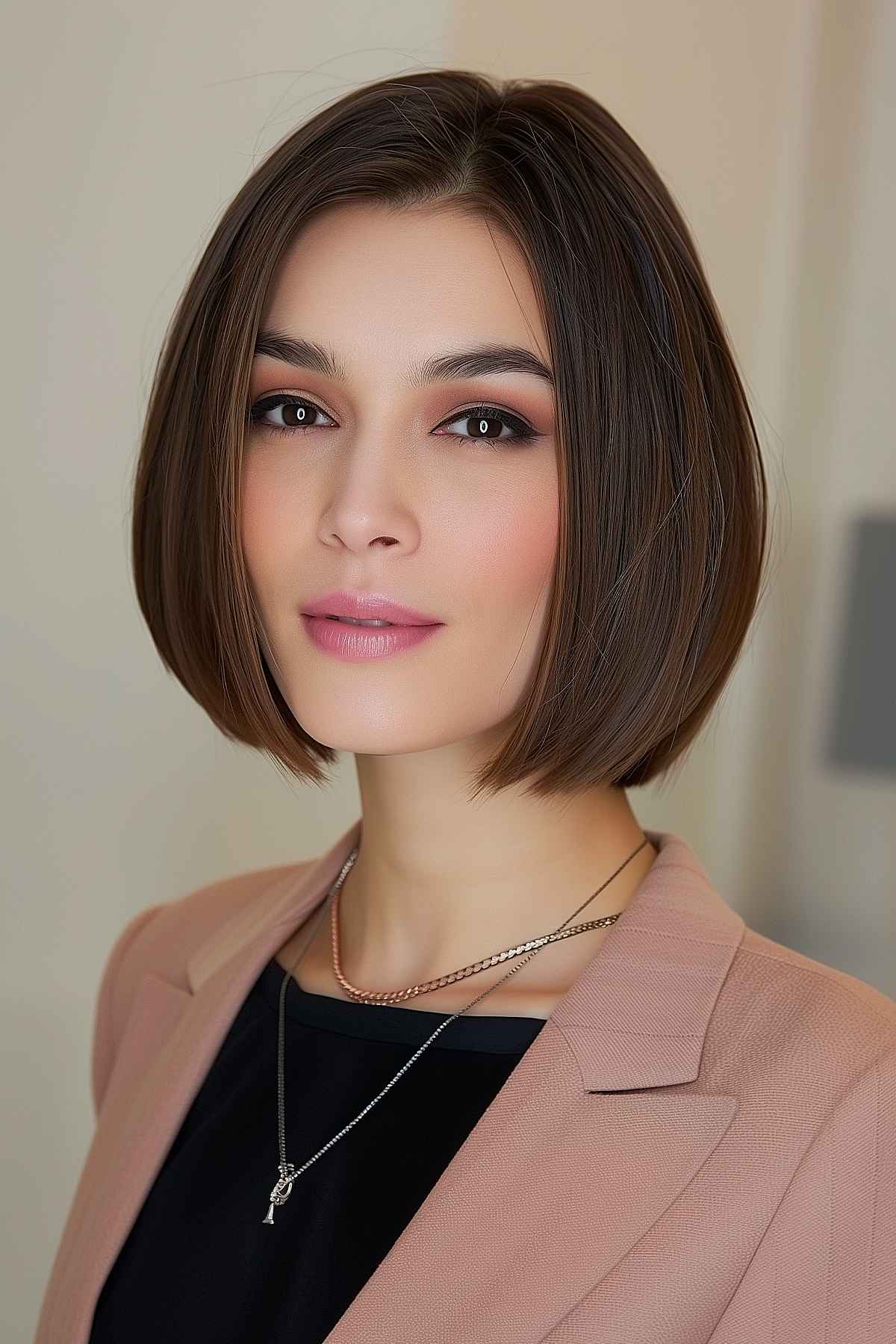 Chin-length round bob with inward curve and deep brown color, ideal for fine to medium hair.