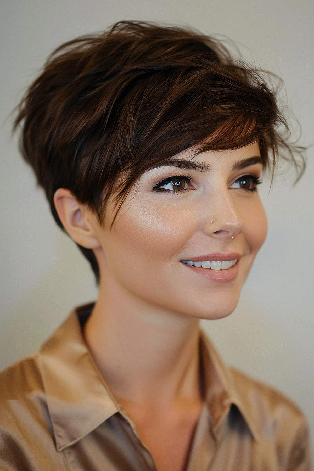 Woman with a stylish pixie cut featuring deep brown tones and feathered bangs that highlight the eyes and add texture.