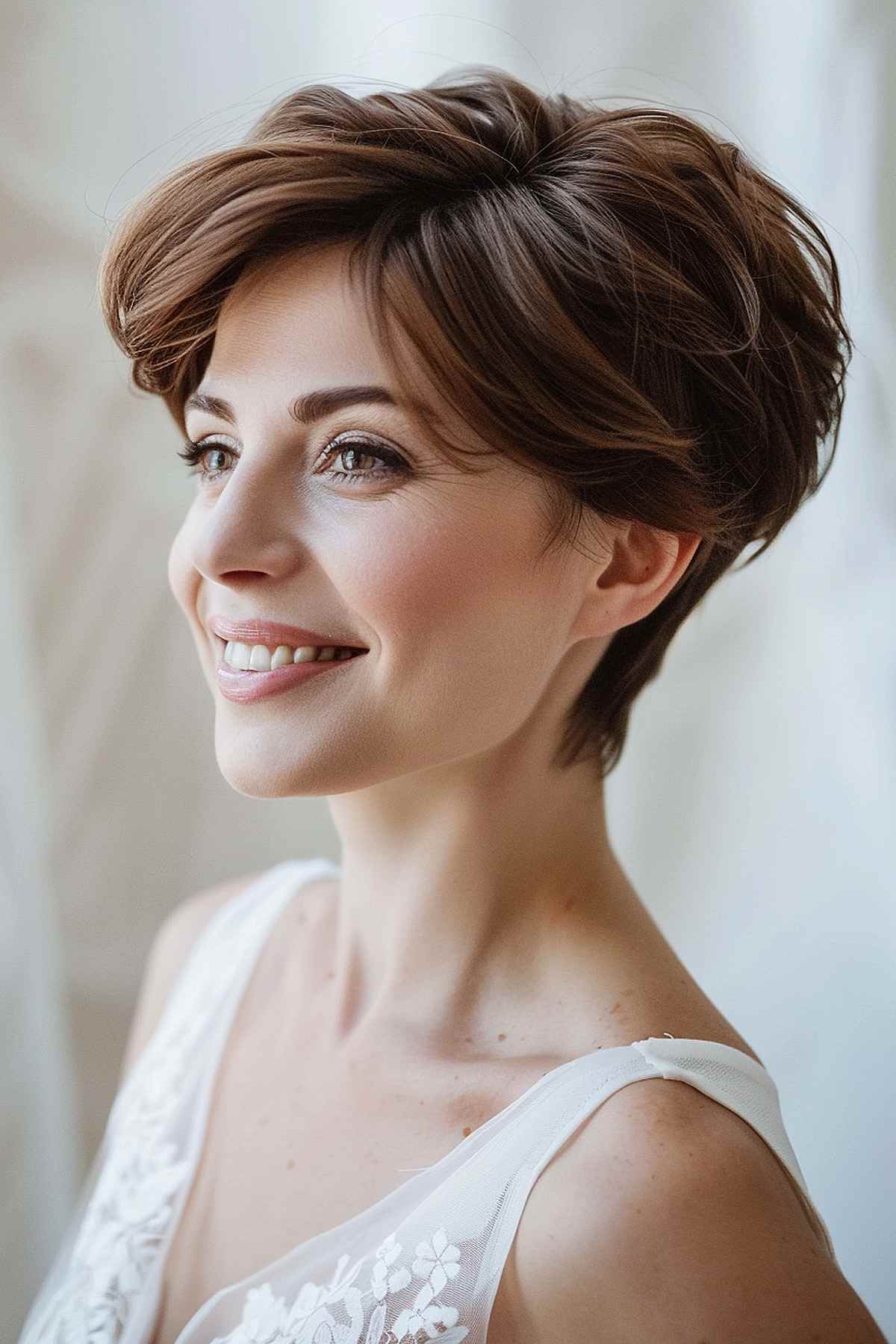 Short pixie cut with feathered layers framing the face, adding volume and texture.