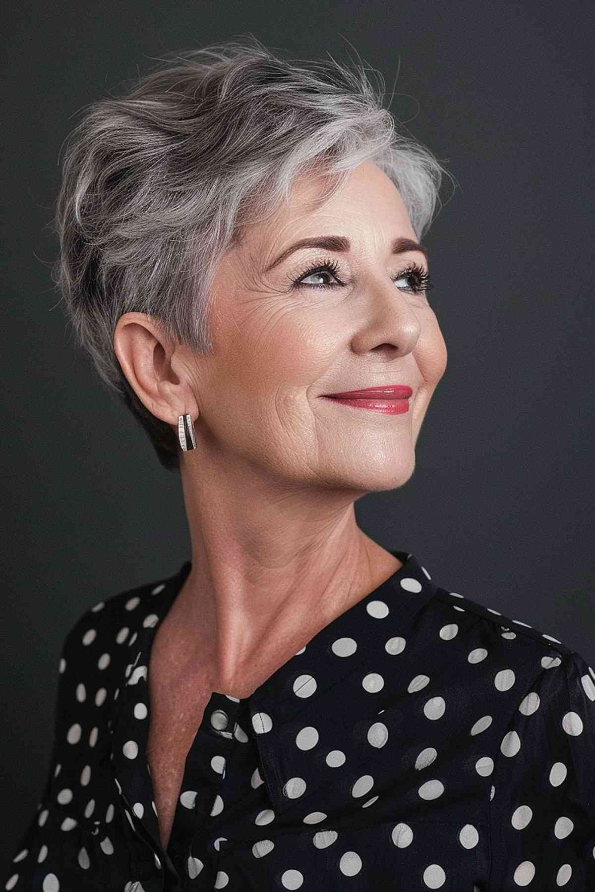 Smiling older woman with a stylish feathery pixie cut, enhancing her natural gray hair for a voluminous, youthful look, paired with a polka-dot blouse.