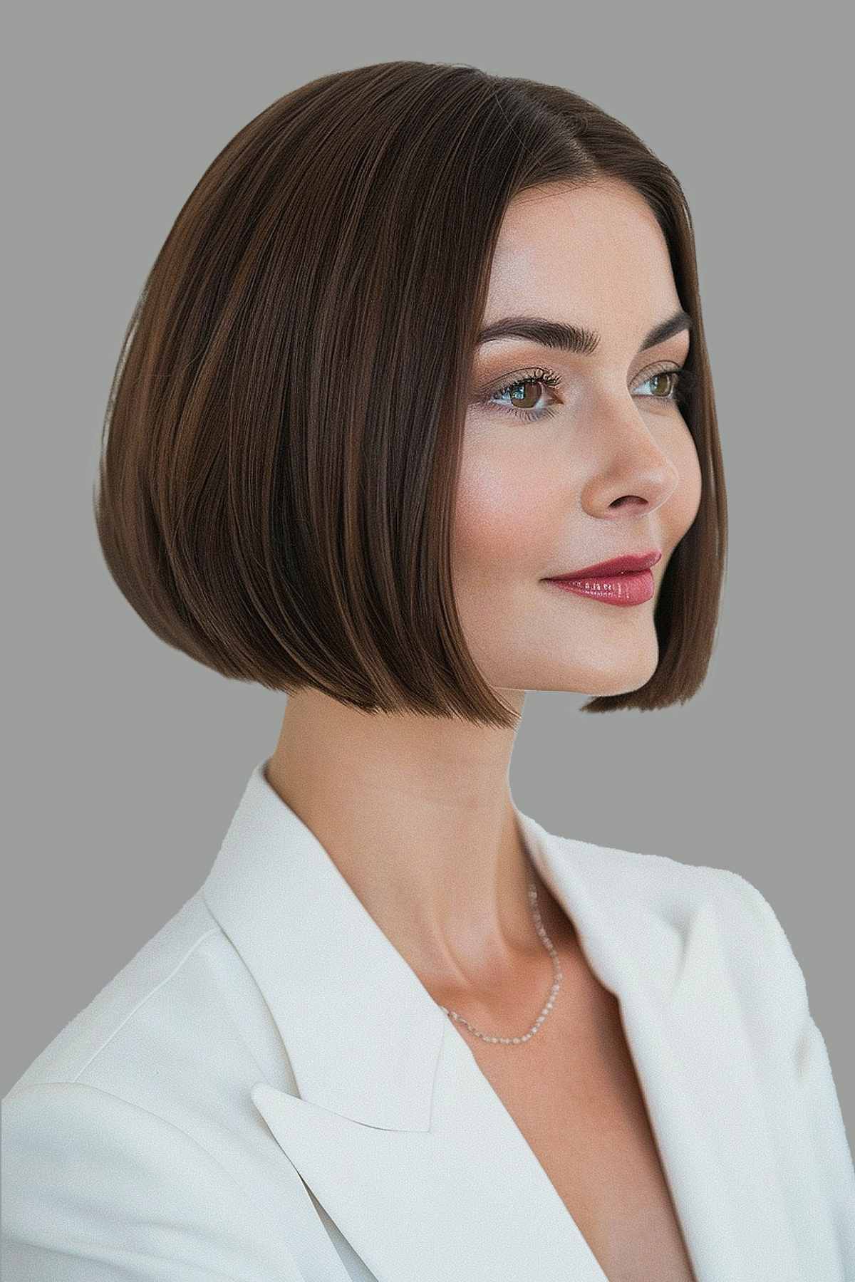 Chin-length professional blunt bob with a deep brown color, ideal for fine to medium straight hair.