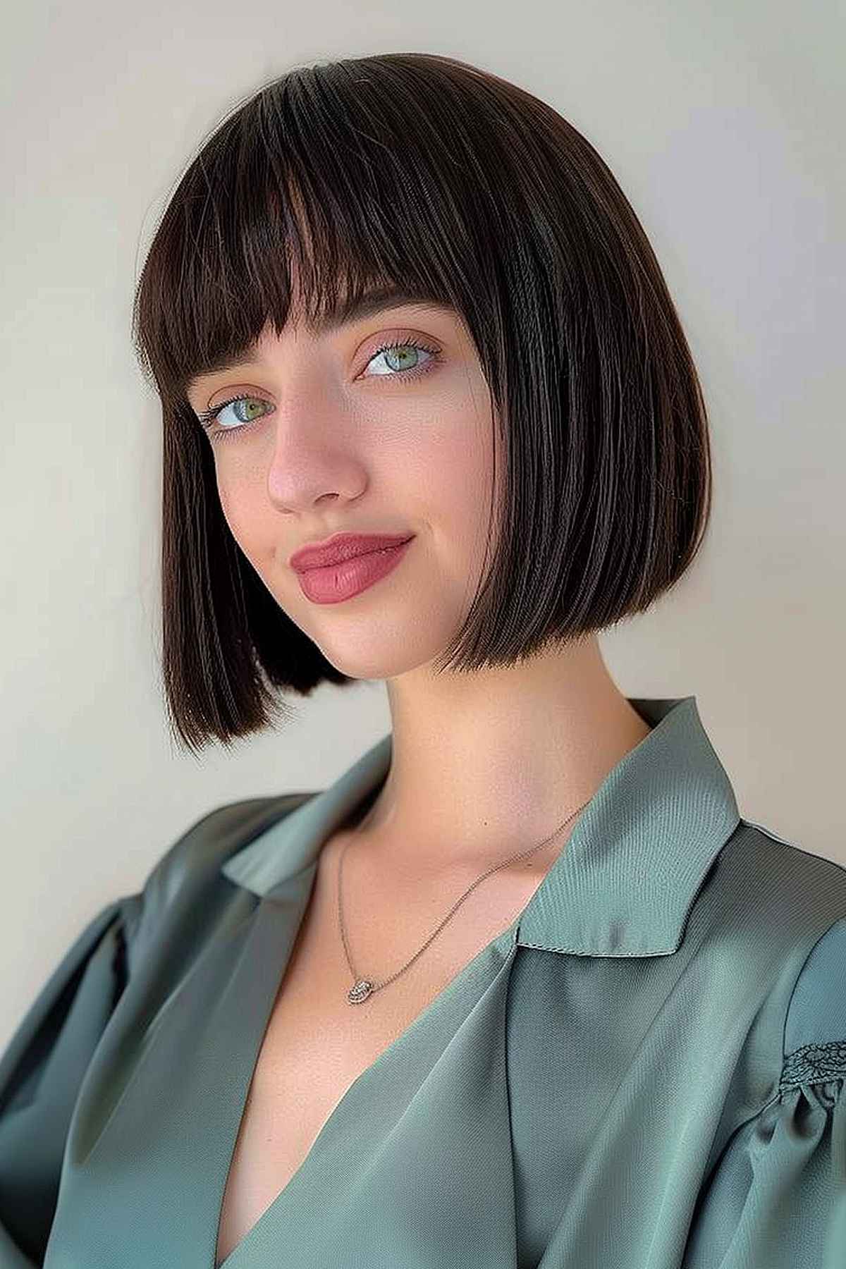 Short blunt bob with straight bangs and dark color, ideal for fine to medium straight hair.