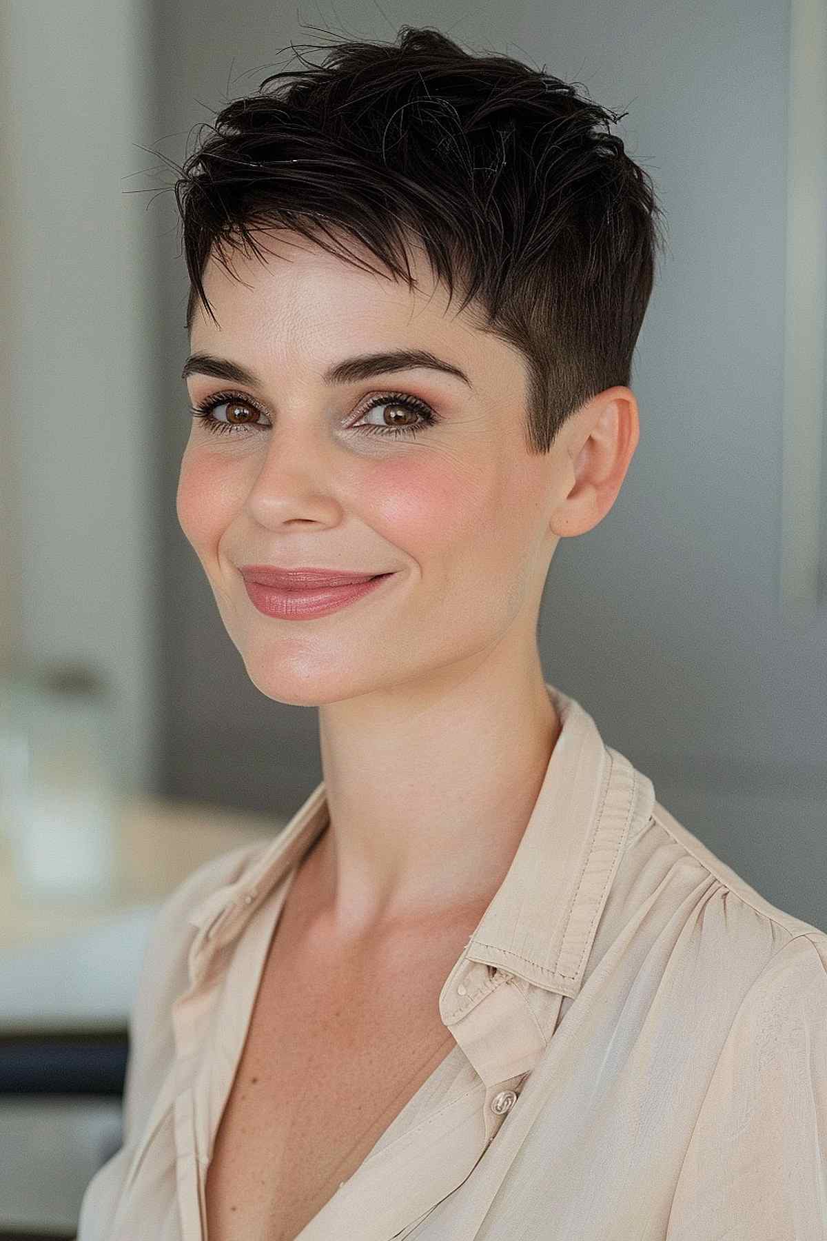 Woman with short feathered pixie cut and styled bangs, ideal for enhancing facial symmetry and highlighting delicate features.