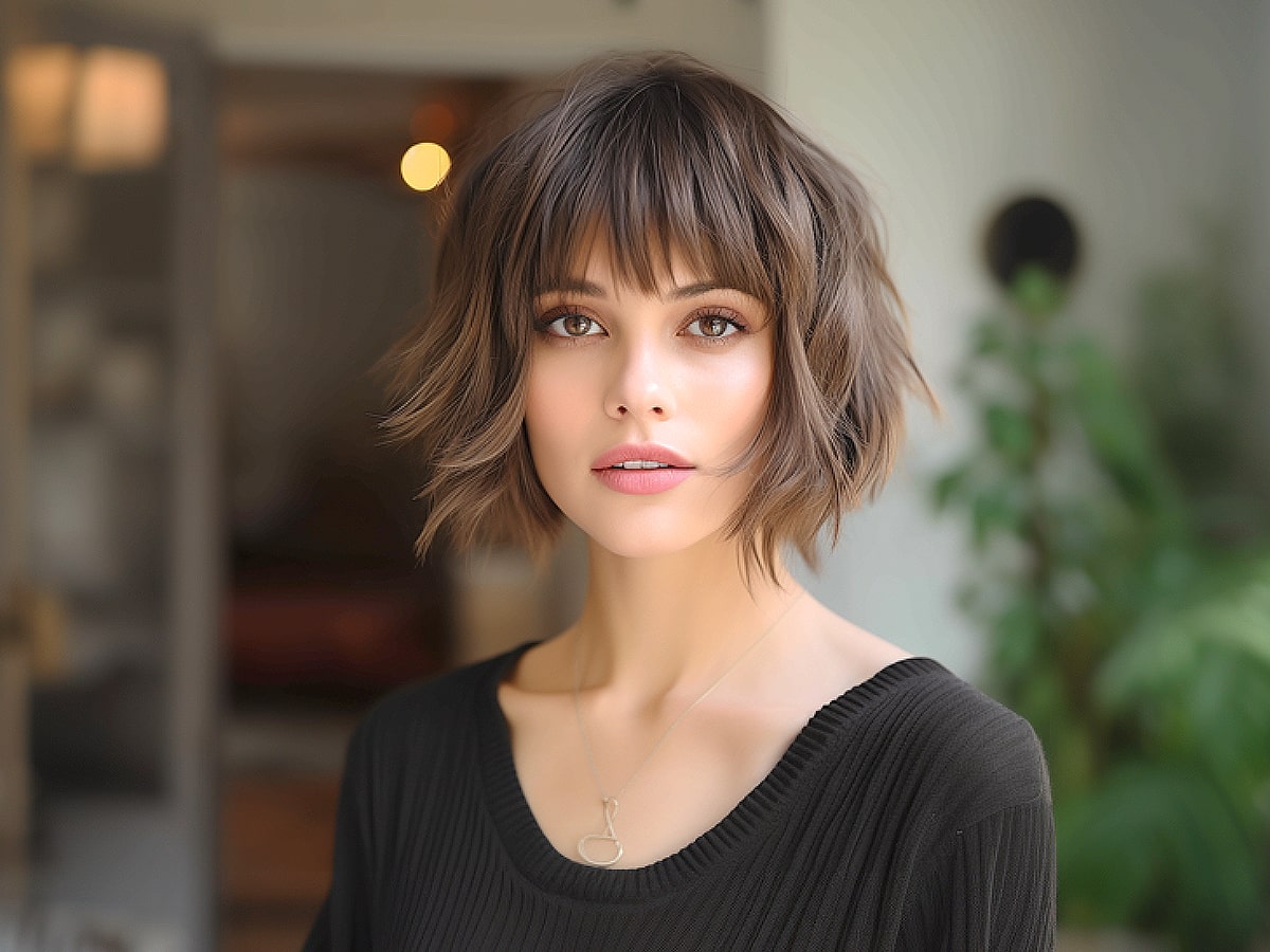 short hair with straight across bangs