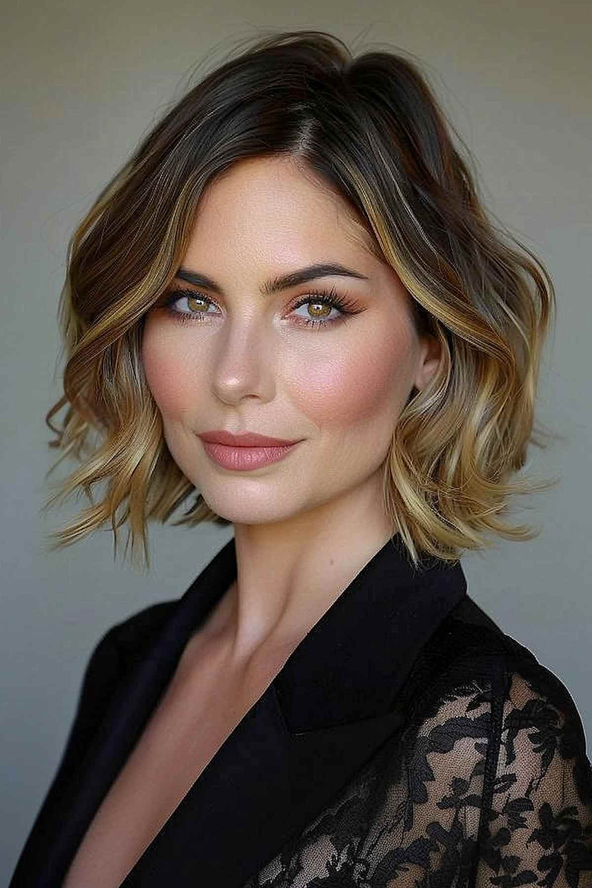 Chin-length wavy bob with warm blonde highlights, ideal for fine to medium hair.