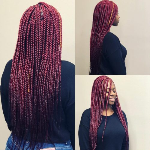 Burgundy box braids are a protective hairstyle dyed inwards a darker shade of ruddy in addition to divided i The xiii Hottest Burgundy Box Braids