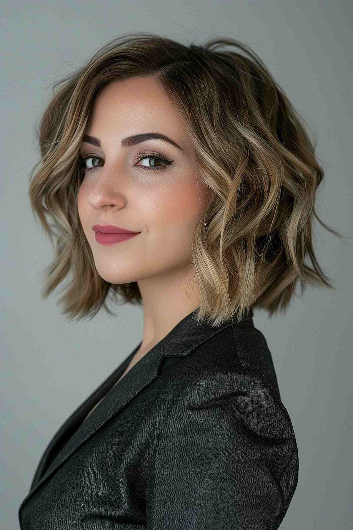 Wavy chin-length bob with balayage highlights, ideal for fine to medium hair.
