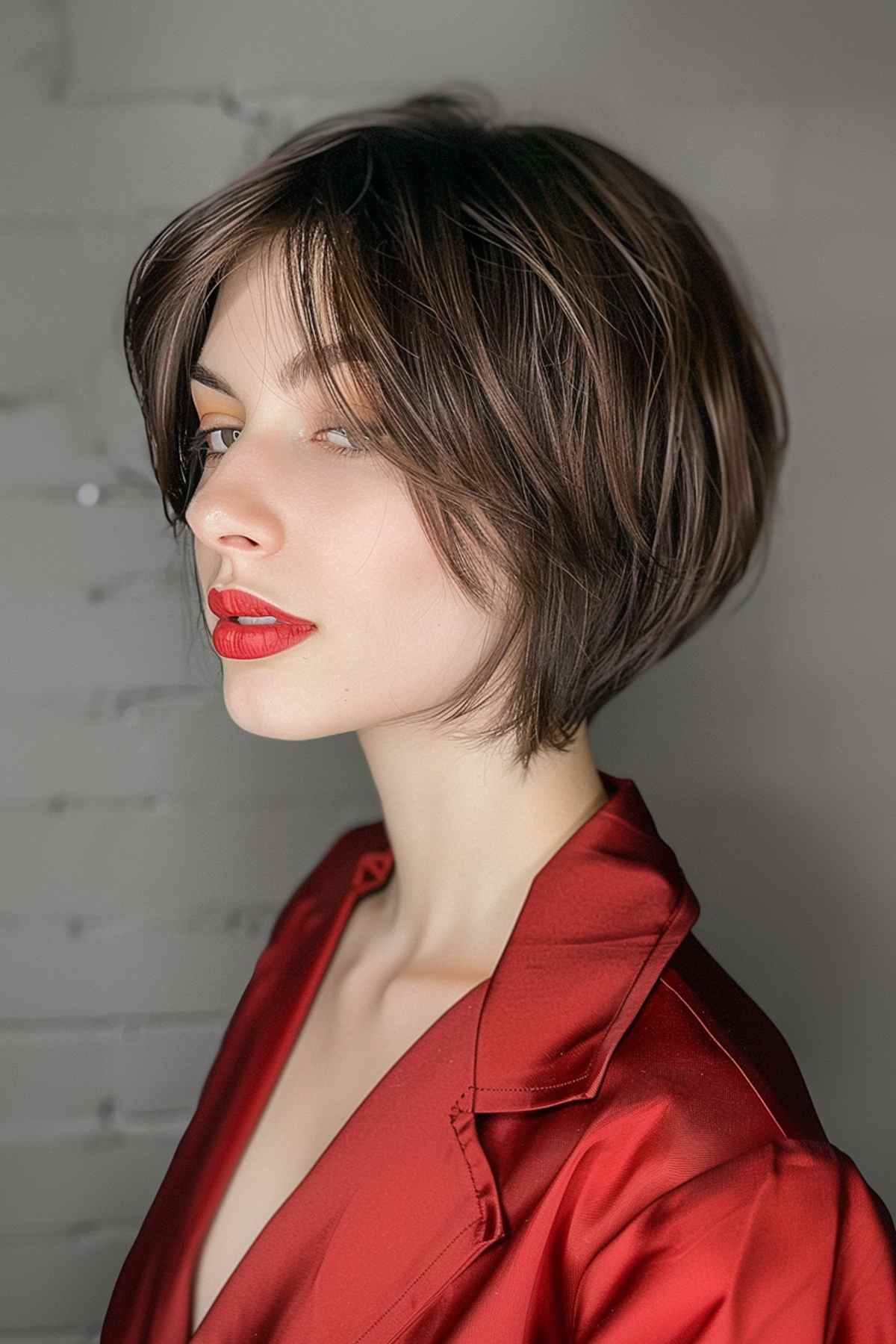 Tapered bob with longer front layers and dark brunette color, ideal for fine to medium hair.