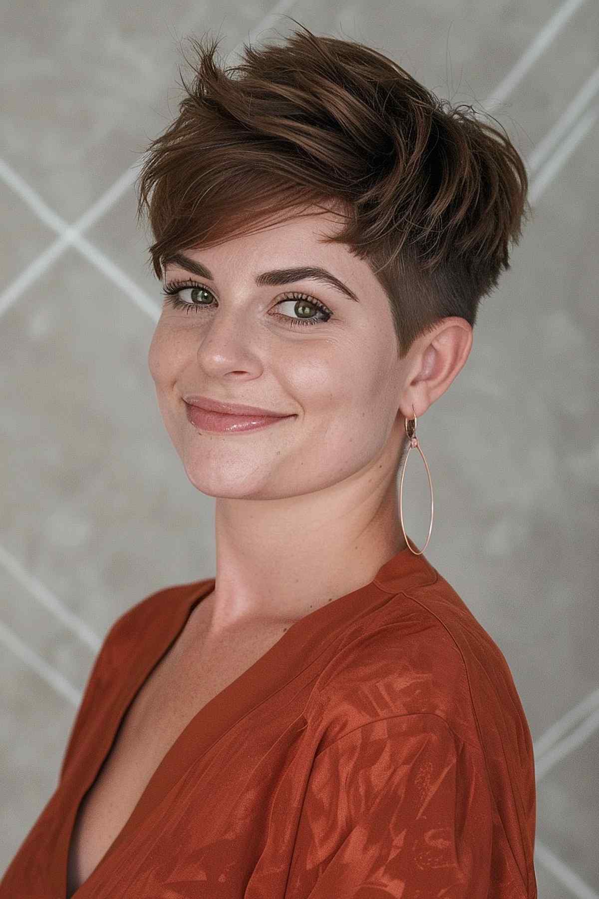 Woman in a rust-colored blouse sporting a tapered feathered pixie cut, highlighting a blend of texture and clean lines for a chic, voluminous style.