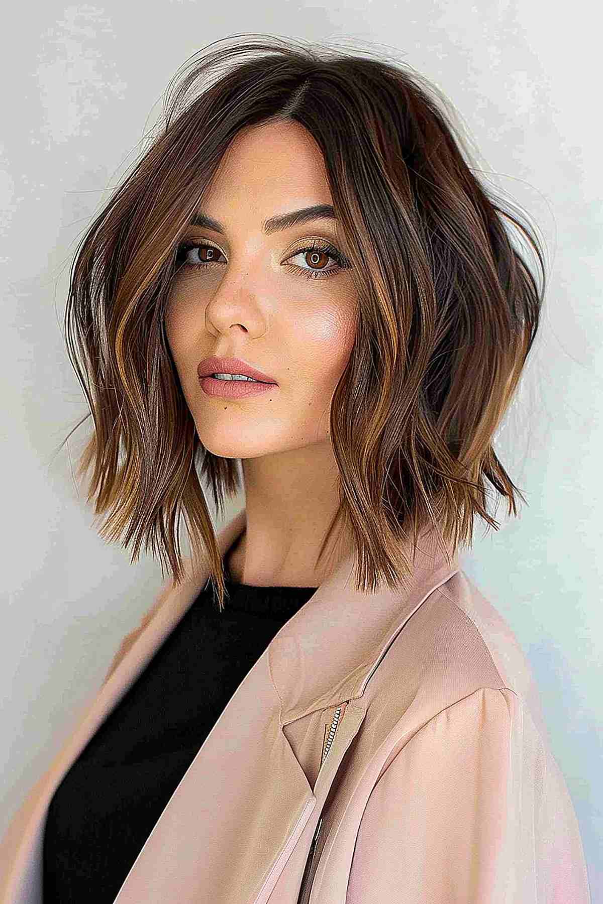 Textured long bob with choppy layers and subtle highlights, ideal for fine to medium hair.