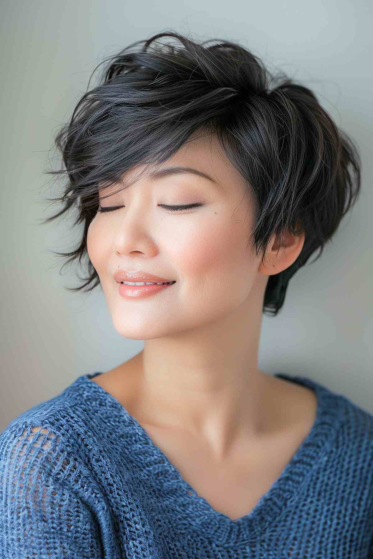 A woman with a thick hair feathered pixie cut, showcasing sweeping bangs and soft layering, perfect for a voluminous yet manageable hairstyle.